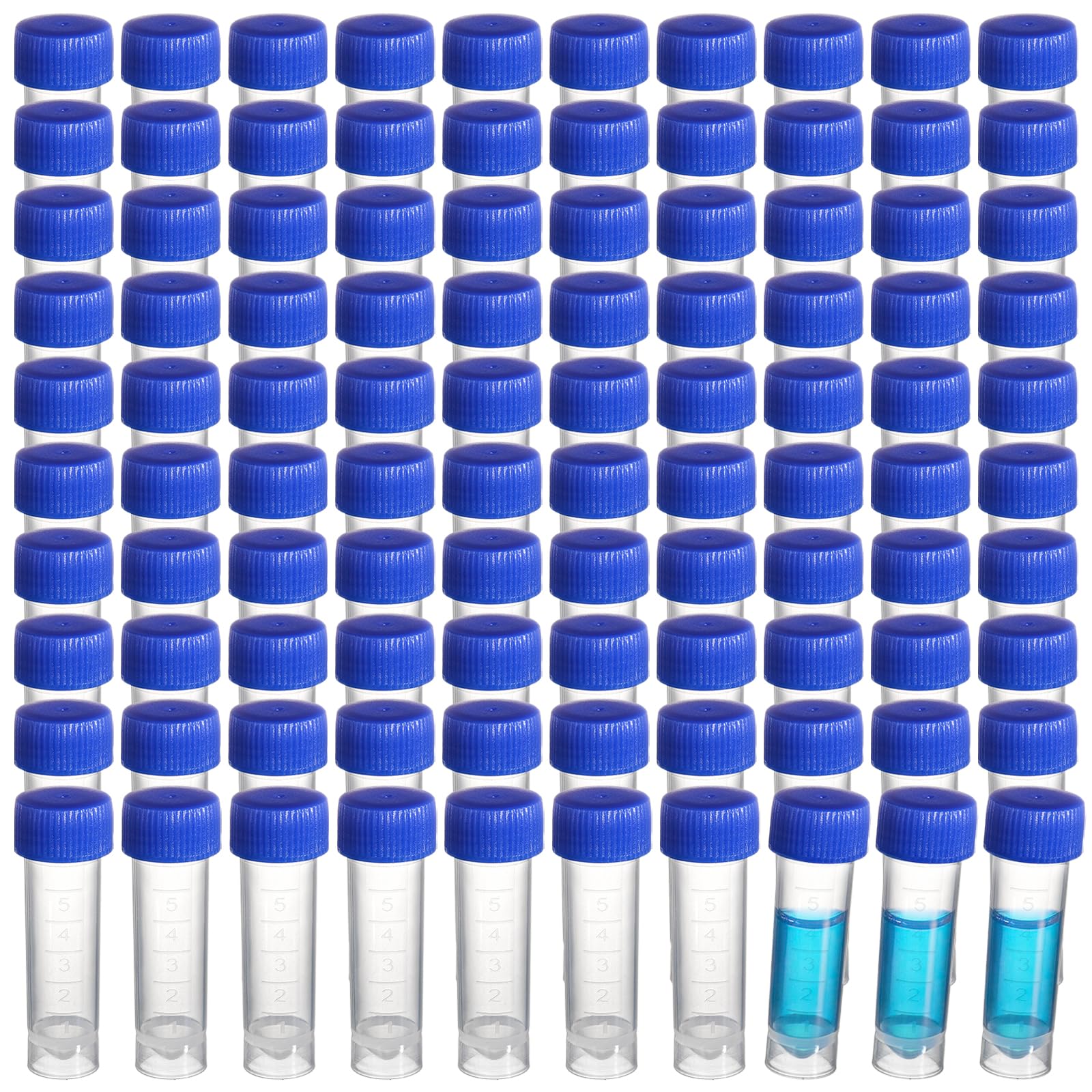 ZENFUN 100 Pcs 5ml Plastic Test Tubes Vials Sample Container, Small Test Sample Bottles with Blue Screw Caps, Clear Test Vials Containers for Science, Labs, School Educational