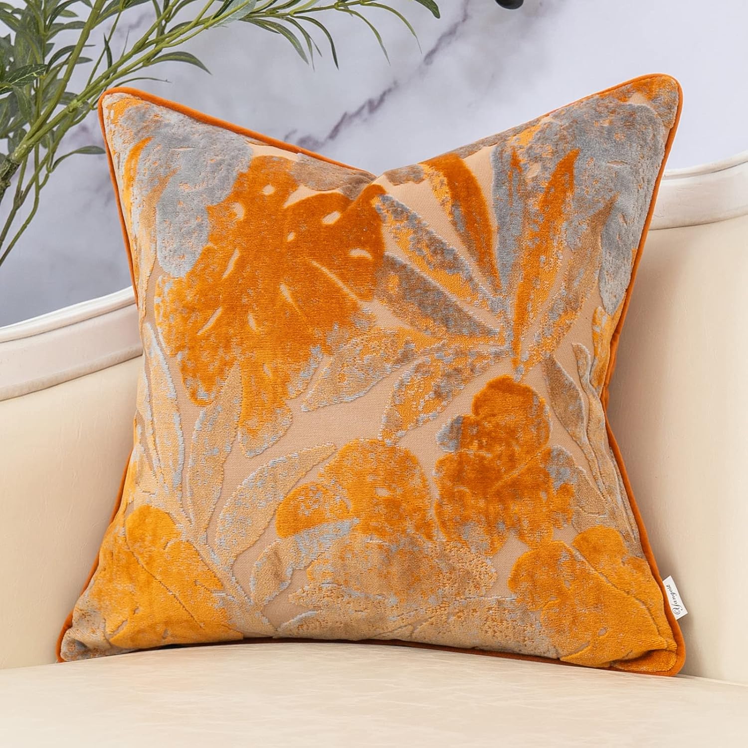Yangest Orange Leaf Square Pillow Cover Cut Velvet Cushion Cover Luxury Modern Pillowcover for Couch Living Room Bedroom,18x18 Inch Rust Orange 18" x 18"