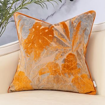 Orange Leaf Square Pillow Cover Cut Velvet Cushion Cover Luxury Modern Pillowcover for Couch Living Room Bedroom,18x18 Inch