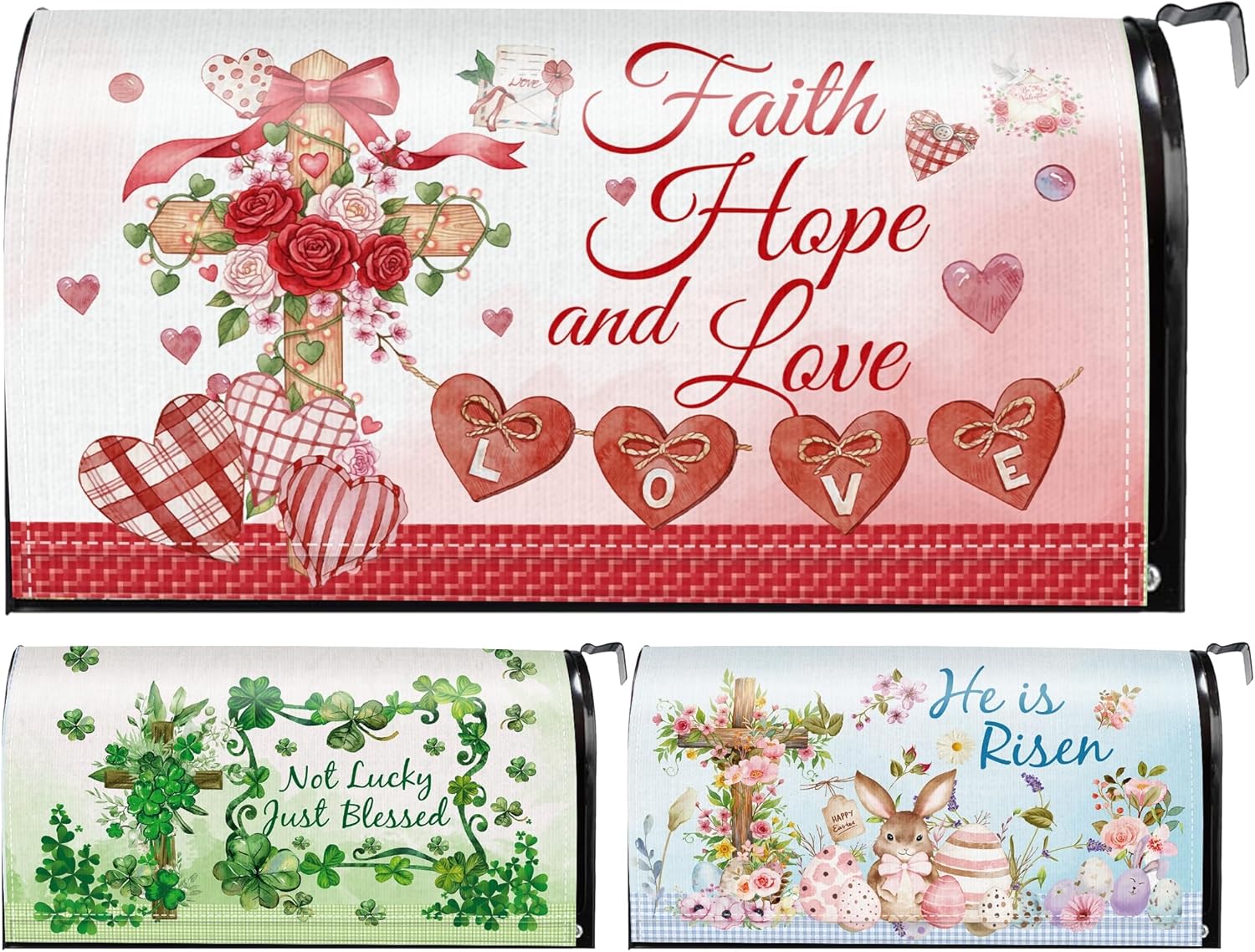 3 Pcs Mailbox Covers Magnetic Standard Size, Valentines Day St Patricks Day Easter Mailbox Wraps with Hearts Clover Bunny Cross Faith Design, Seasonal Outdoor Garden Yard Decor