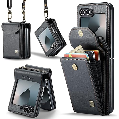 ASAPDOS Crossbody Case Compatible with Samsung Galaxy Z Flip 6/Z Flip 7 FE,Retro PU Leather Strap Wristlet Flip Case with Magnetic Closure and Card Holder for Men Women Black