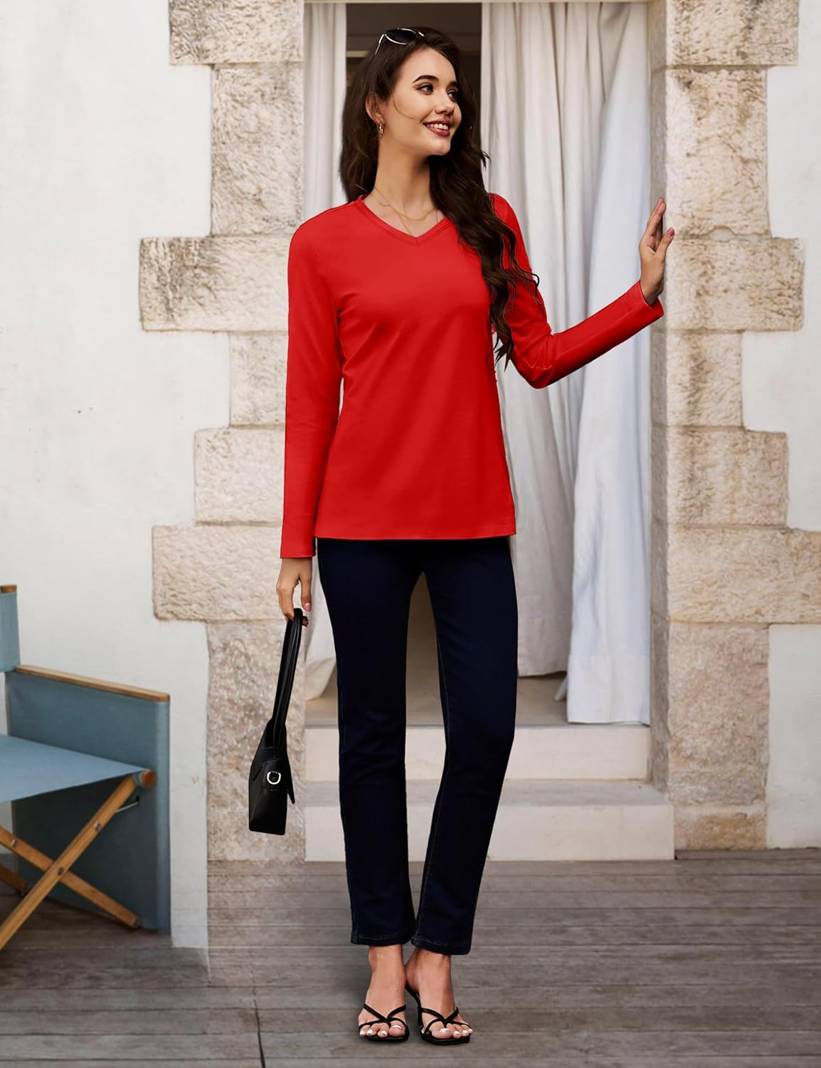 MAGCOMSEN Women's Long Sleeve Shirts V Neck Cotton Basic Tee Soft Breathable Casual Tops Cassic-Fit T-Shirt - Image 3