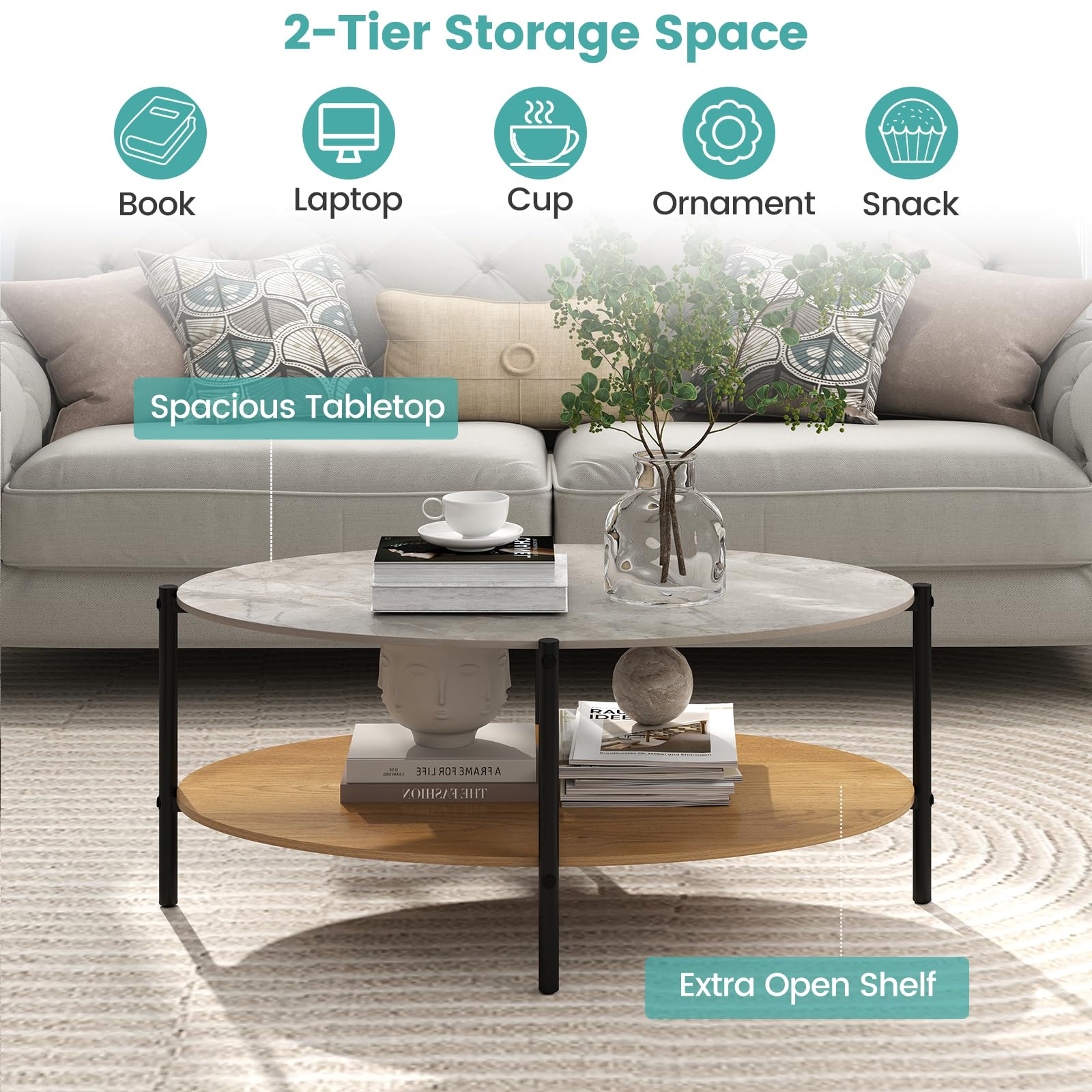 LIFEZEAL Tavolino Salotto in Marmo Pietra, Ovale, Moderno, Basso, Tavolino da Caffè, da Soggiorno, a 2 Ripiani, Coffee Table, Telaio in Metallo, Semplice, Robusto, Peso Max 90 kg, 105x65x41 cm