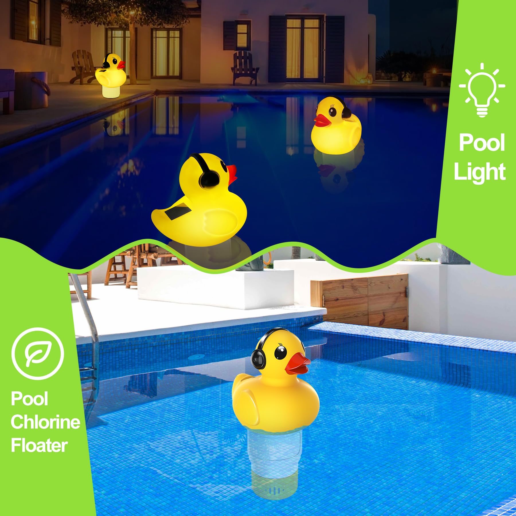 KingSom Dosierschwimmer Pool Groß, Enten Chlorschwimmer für Pool, Solar Chlor Dosierschwimmer mit LED Licht, Pool Chlor Dosierer con Einstellbarem Durchfluss,Leichtes Öffnen Schwimmender für Whirlpool