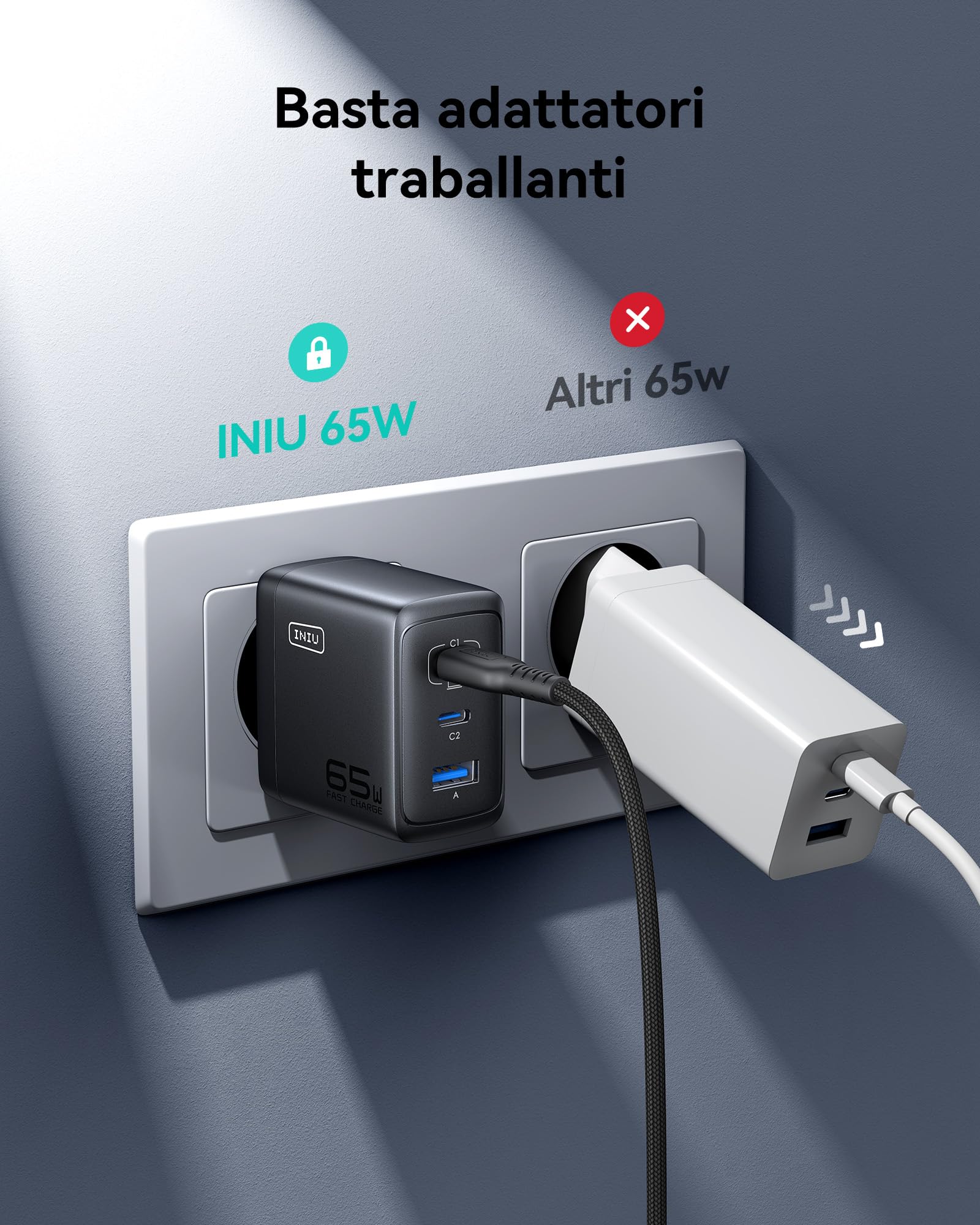 INIU 65W Caricatore USB C, 3-Porte Presa USB Multipla PD & QC per iPhone 16 15 Pro Max, iPad Pro, Samsung S25 S24 S23