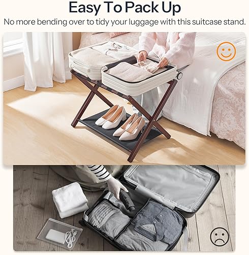 Miniatura 8 de HOOBRO Portaequipajes, juego de 2 portaequipajes plegables, soportes para maleta de bambú, con correas de nailon y estante de tela Oxford, para