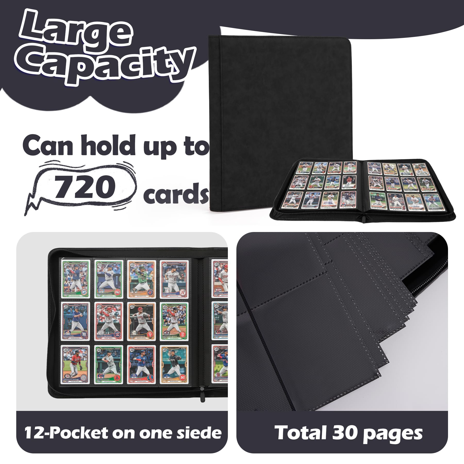 Segregator na karty kolekcjonerskie, 12 kieszeni, bez pierścienia, do kart kolekcjonerskich, do TCG, MTG, kart sportowych (czarny)