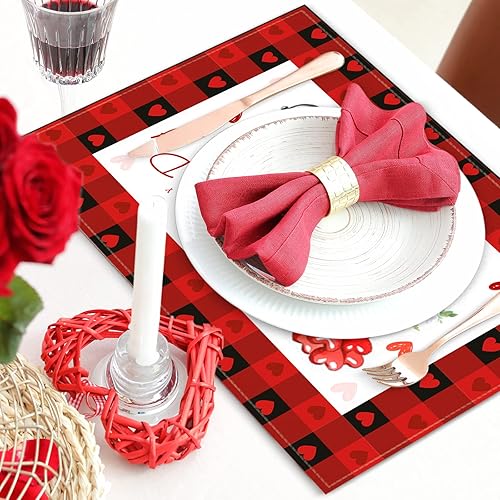 Miniatura 5 de Paquete de 5 juegos de decoración de San Valentín camino de mesa y manteles individuales de búfalo a cuadros con forma de corazón rosa para camión