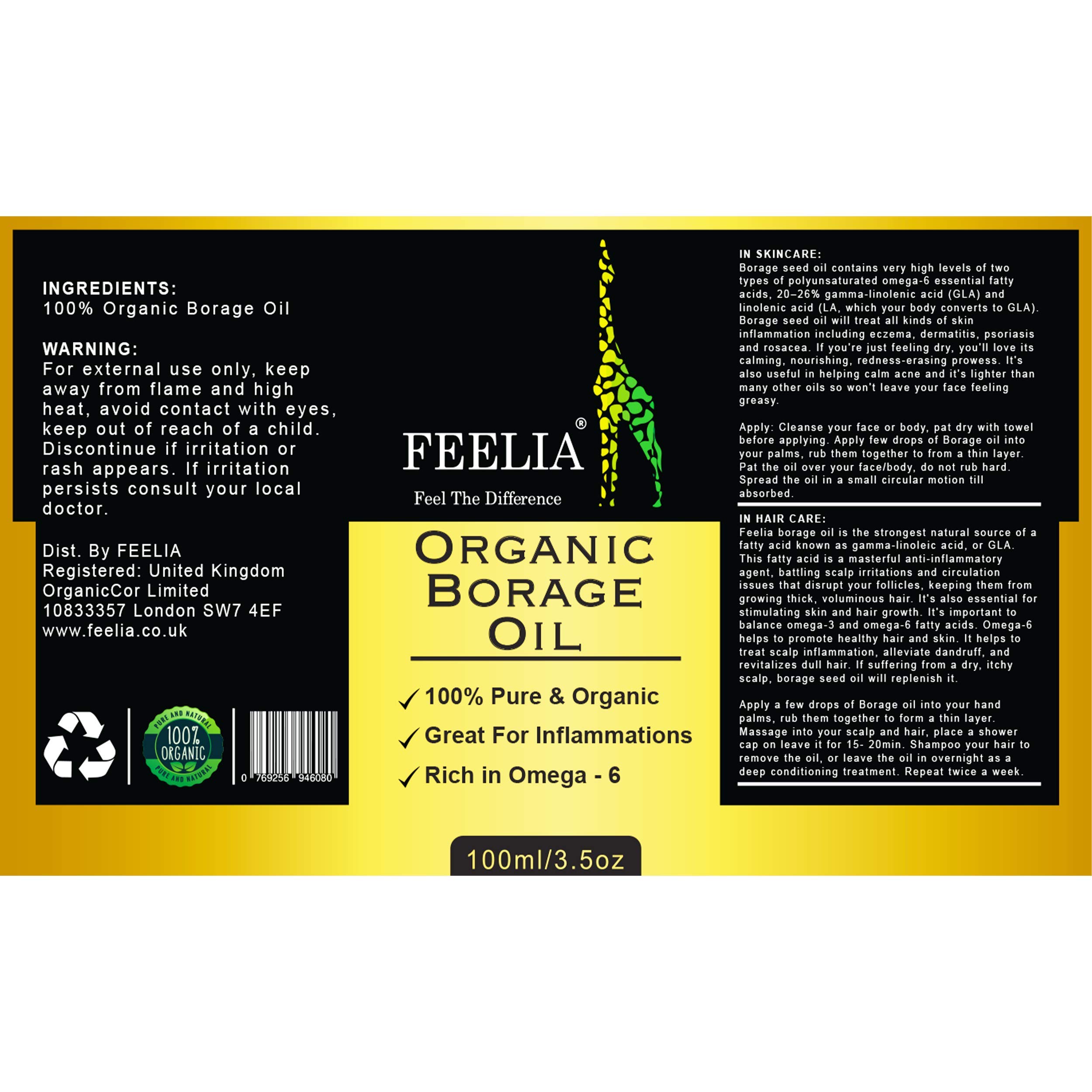 Feelia - Olio di borragine organico - spremuto a freddo, ricco di Omega 6, ottimo per le infiammazioni, 100% puro e biologico