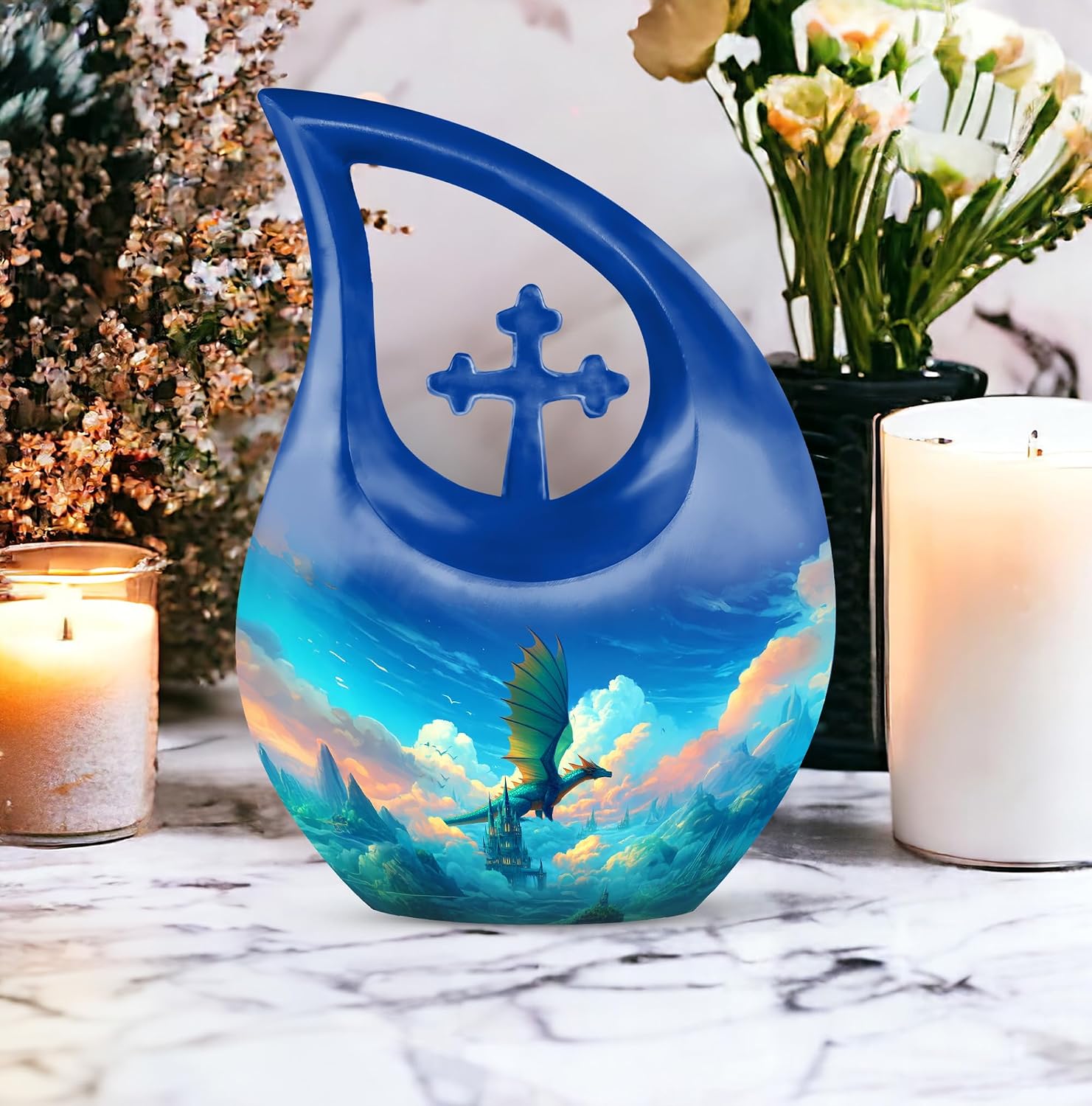 Dragon Funeral Urns for Human Ashes Adult Man - Decorative Sunset Urn for Ashes for Women - Pink Teardrop Cremation Urn for Husband & Wife - Memorial Urns for Burial & Funeral- 10 Inch