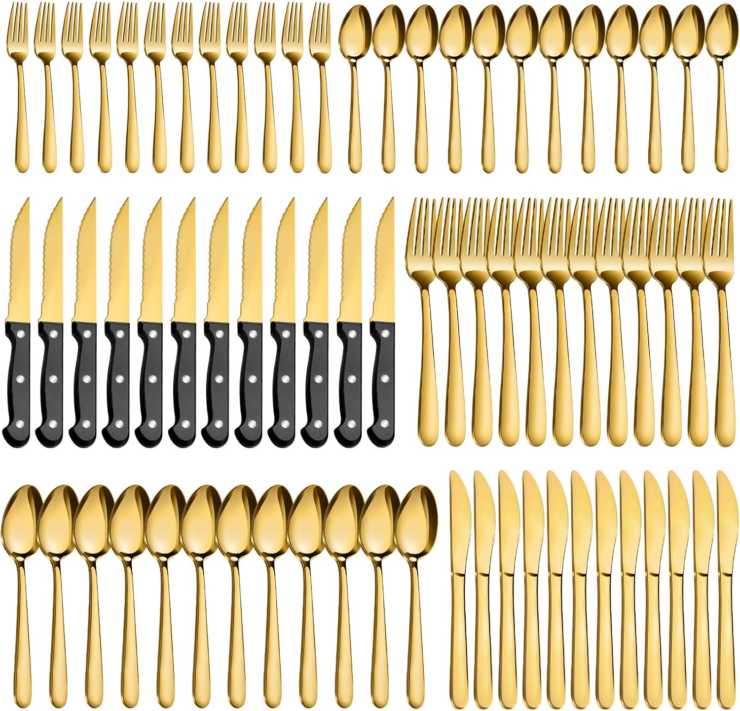 Pleafind 72Pcs Gold Silverware Set for 12 – Dishwasher Safe, Flatware Set with Steak Knives, Stainless Steel Cutlery Set, Include Forks Spoons and Knives Set, Utensil Sets for Home Restaurant Pleafind 72Pcs Gold Silverware Set for 12 – Dishwasher Safe, Flatware Set with Steak Knives, Stainless Steel Cutlery Set, Include Forks Spoons and Knives Set, Utensil Sets for Home Restaurant
