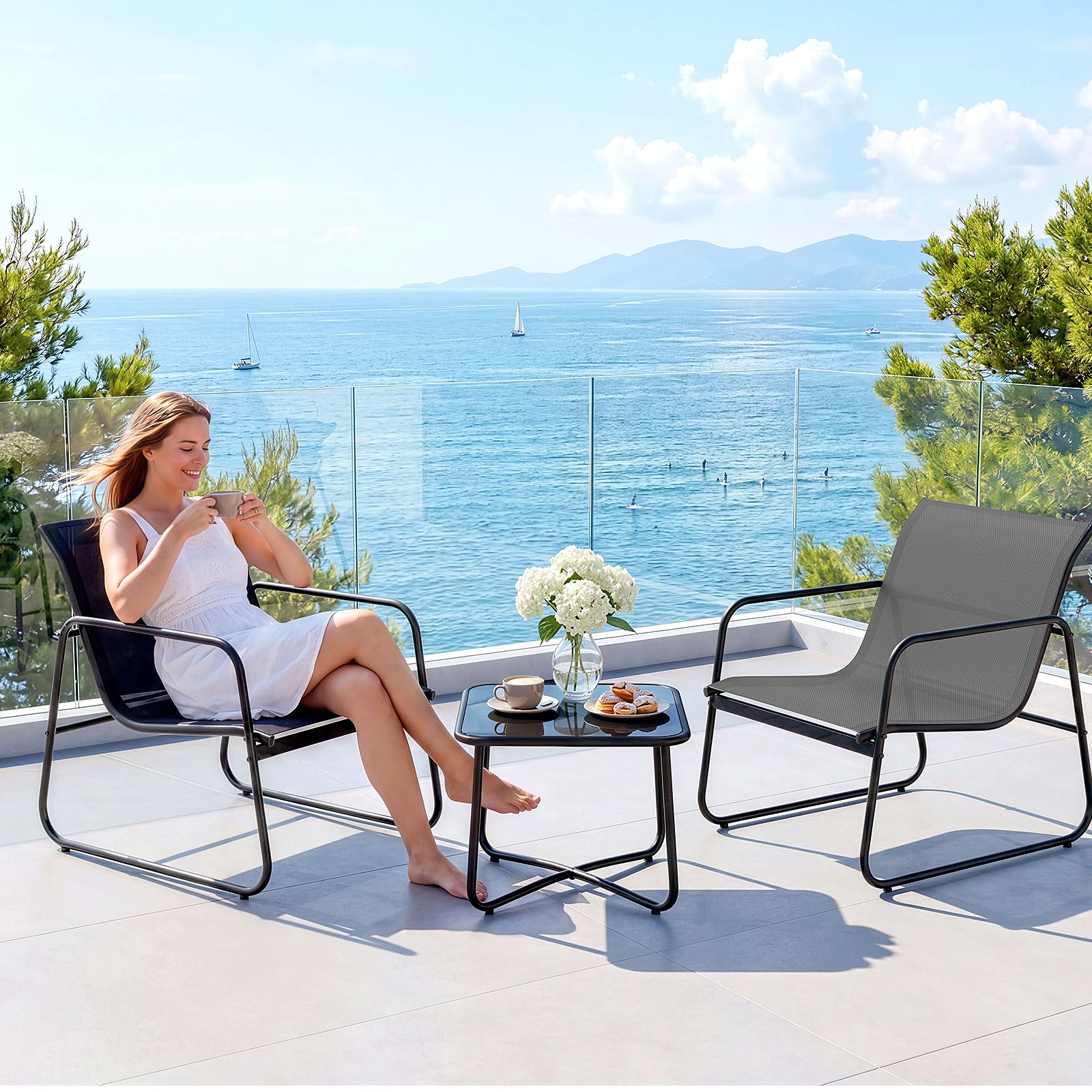 Gartenmöbel Set 3-teilig – Balkonmöbel mit 2 Schaukelstühlen Outdoor und Tisch, Balkonmöbel Set für kleinen Balkon, Outdoor Möbel wetterfest, Textilene Sitzgruppe für Terrasse & Garten