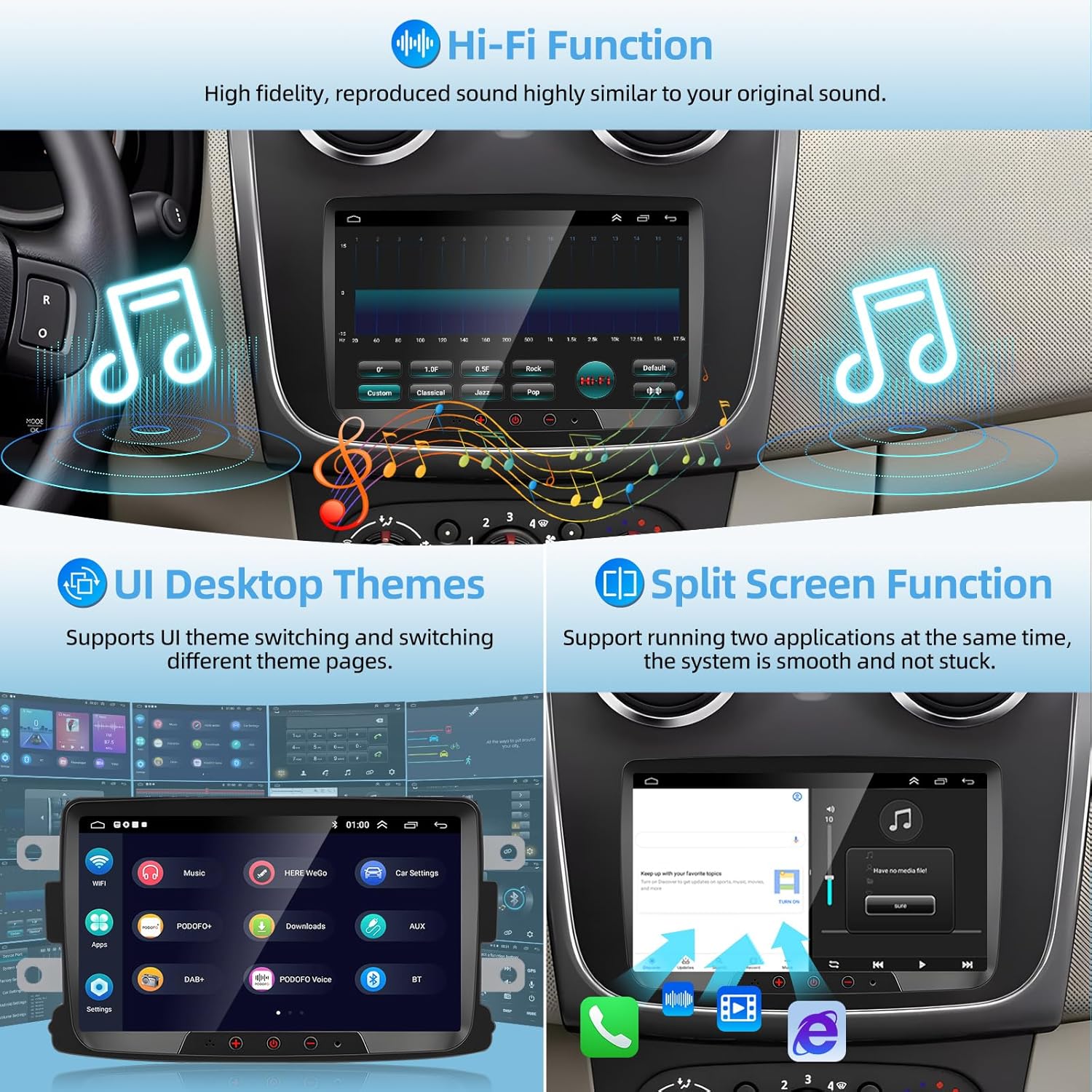 Screenshots showing the Hi-Fi audio equalizer settings, various UI desktop themes, and the split-screen multitasking feature.