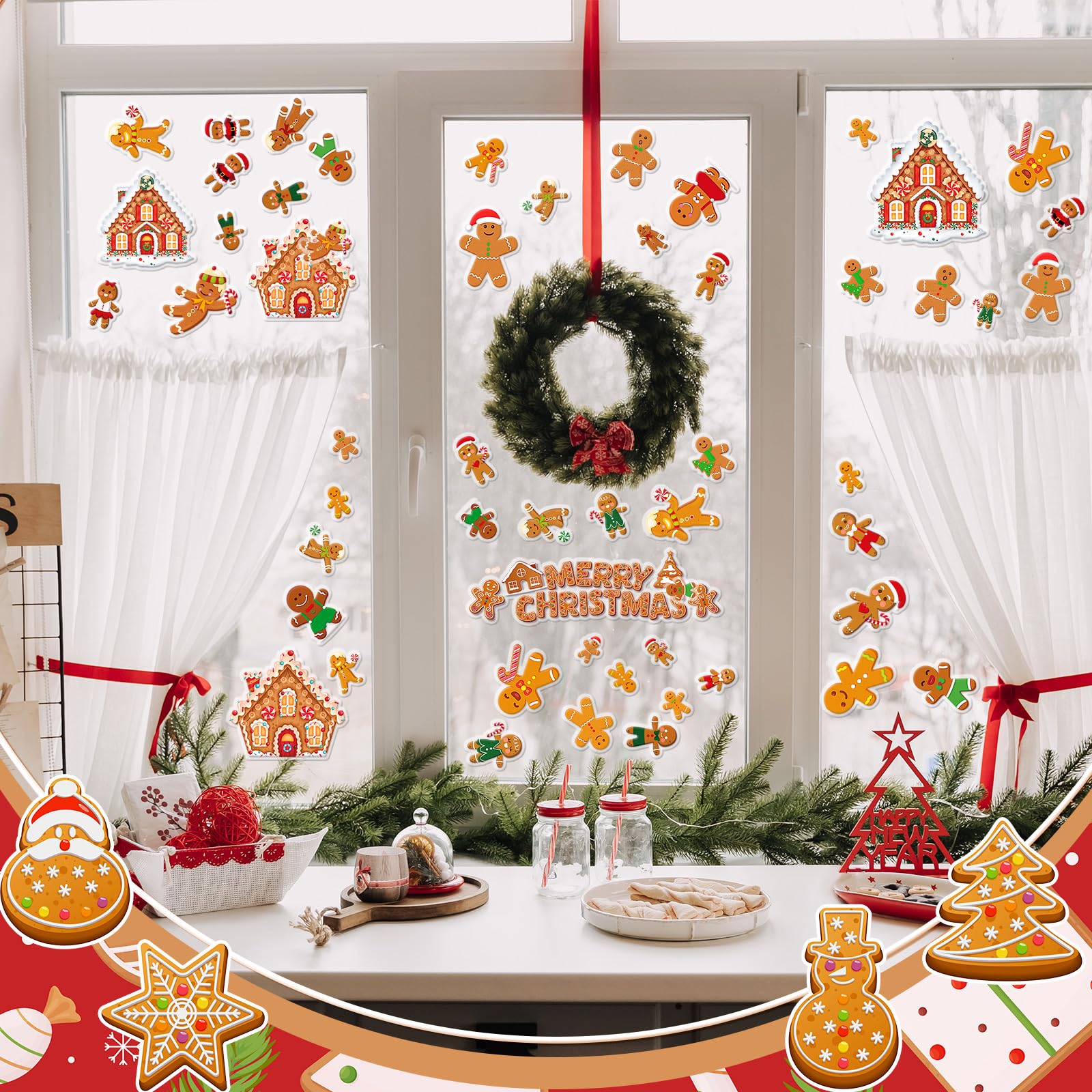 Tellingyou 56 Stück dicke, weihnachtliche Gel-Aufkleber für Lebkuchenmann, Süßigkeitenhaus, Fensteraufkleber, Weihnachts-Fensteraufkleber, Aufkleber für Erwachsene, Zuhause, Kinderzimmer, Weihnachten,