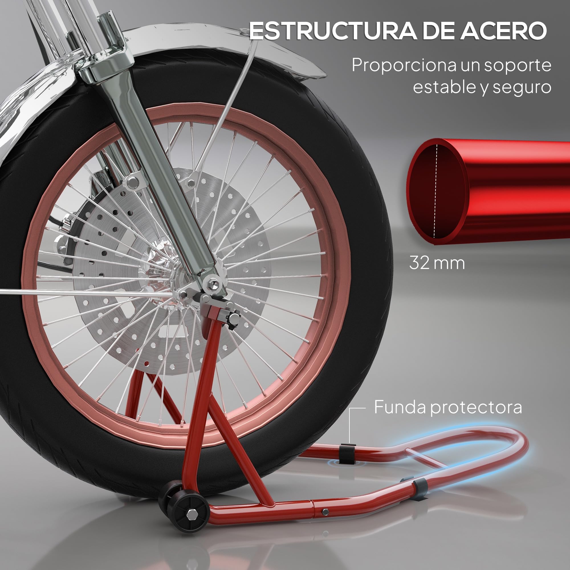 HOMCOM Caballete de Moto Soporte Delantero Universal Rueda 10" 17" 18" | Acero, Carga 200 kg, Horquillas en U y L Ajustables, Ruedas, Almohadillas Antideslizantes, Reparación en Garaje