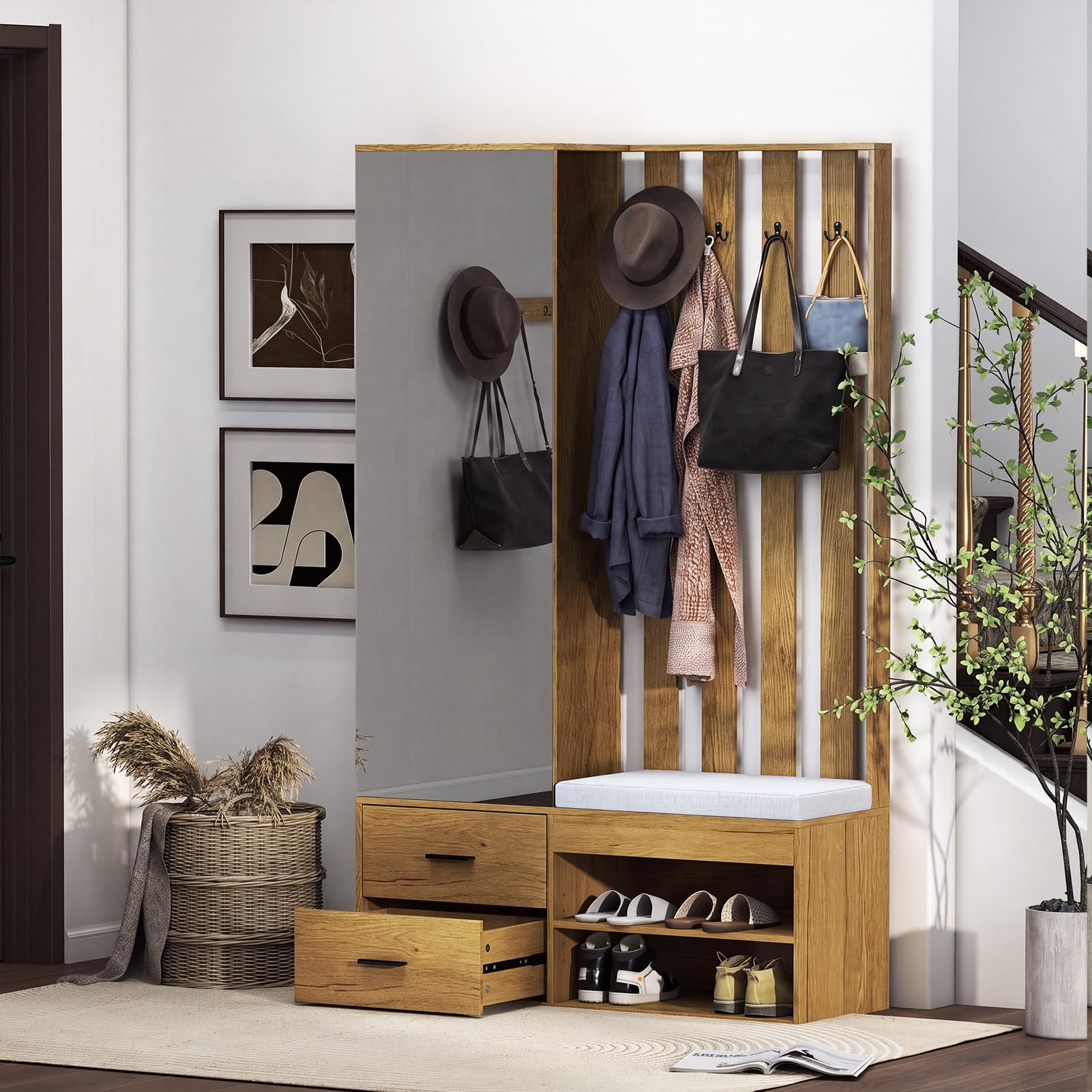 HAUSPROFI Garderobe Set Garderobenset Hoch mit Spiegel und Sitzbank, Garderobenschrank Flurgarderoben Set mit Haken und 2 Schuhschrank, Kompaktgarderobe mit 2 Schubladen, Flur Möbel, Holzfarbe