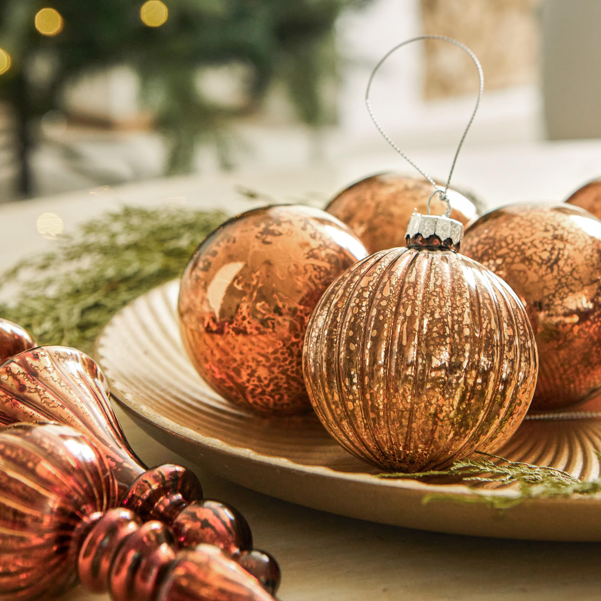 DN DECONATION Quecksilber-Glas-Weihnachtsschmuck, 10 Stück, Vintage-Stil | braune Glaskugeln zum Aufhängen, Endstücke mit verschiedenen Formen für Weihnachtsbaumdekoration, luxuriöse Weihnachtskugeln