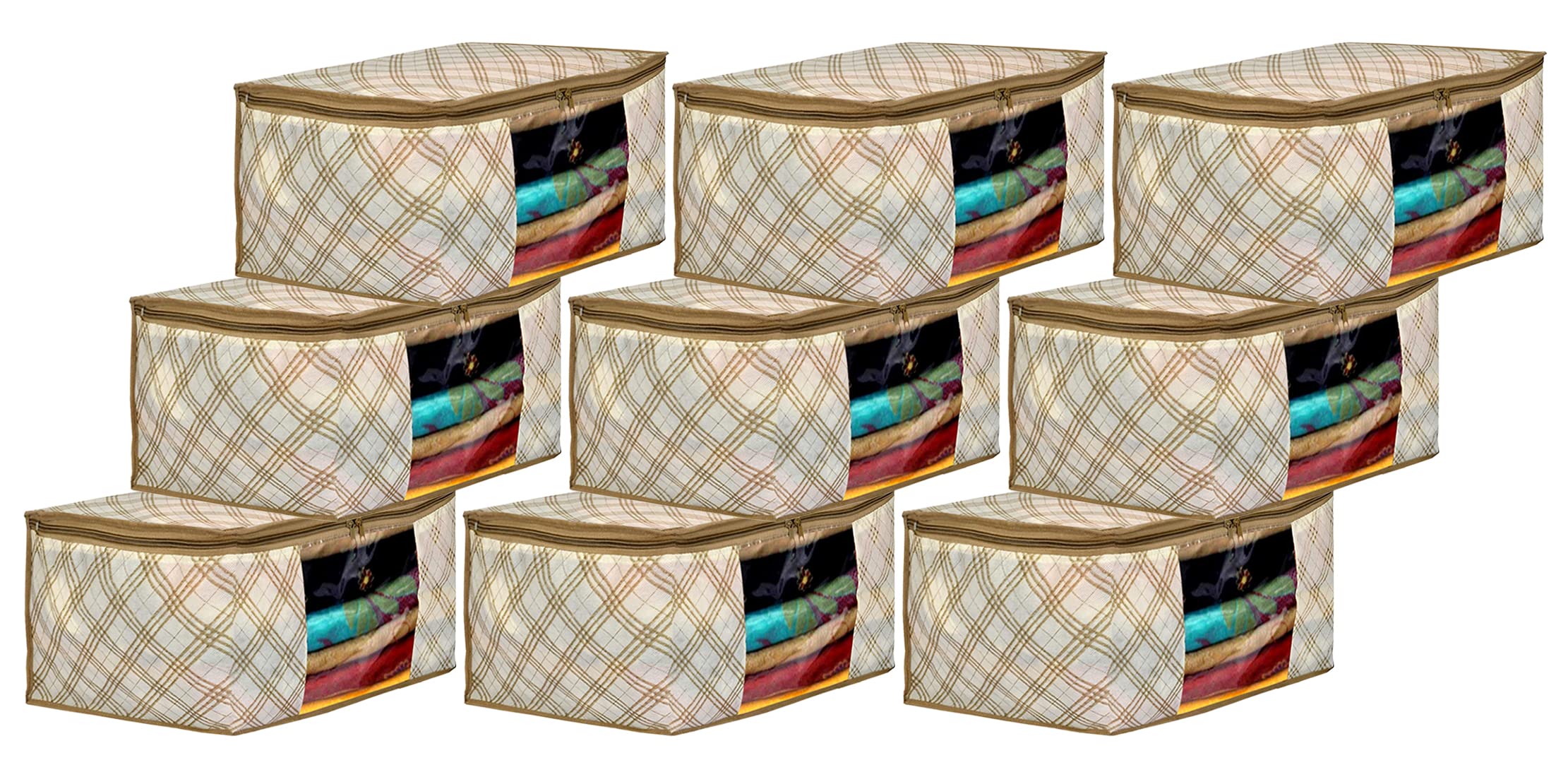 Kuber Industries Tartan Design Non-woven Foldable Saree Cover|Clothes Storage Bag/Wardrobe Organizer|Zipper Closer With Transparent Window|Size 46 x 32 x 22 CM|Pack of 9 (Beige)-44KM0373 (B09JWLHHYZ) Amazon Price History, Amazon Price Tracker