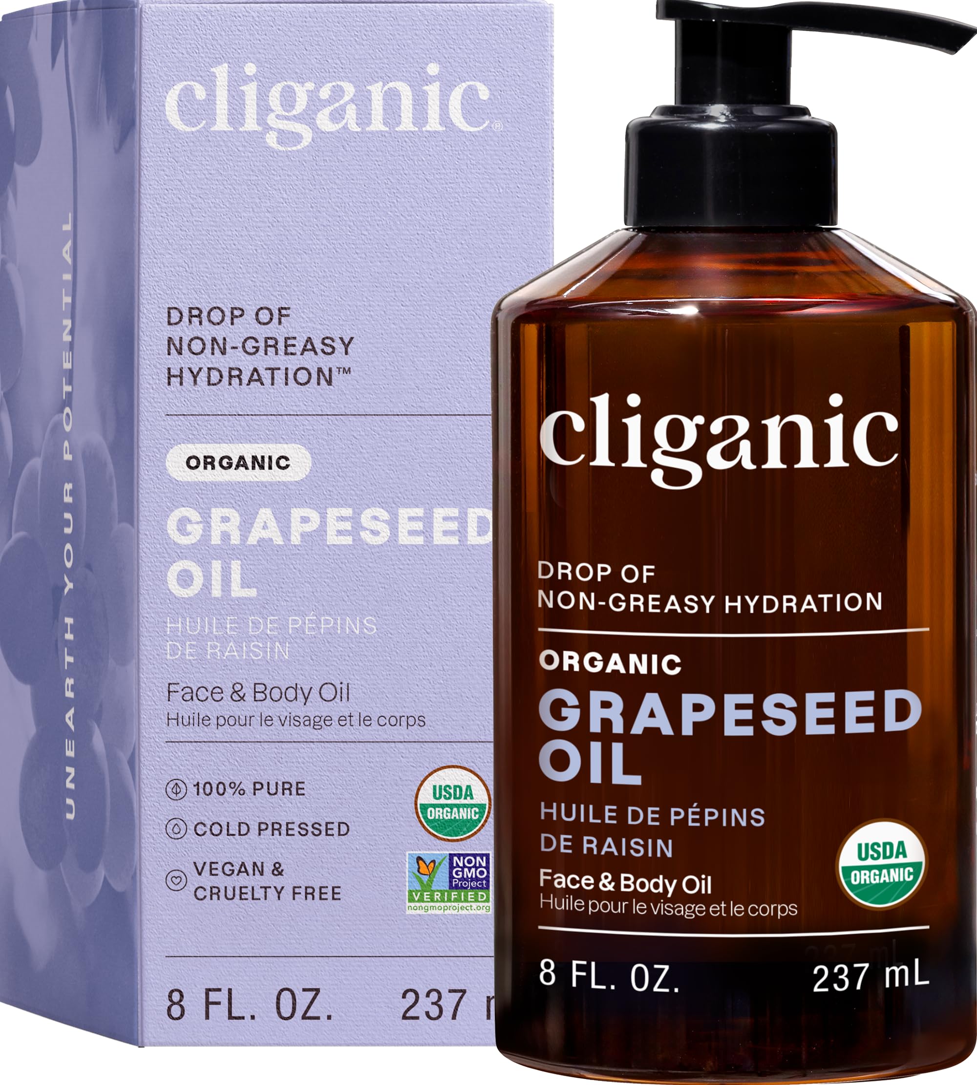 Cliganic Organic Grapeseed Oil, 100% Pure - For Skin, Hair & Face | Natural Cold Pressed Unrefined