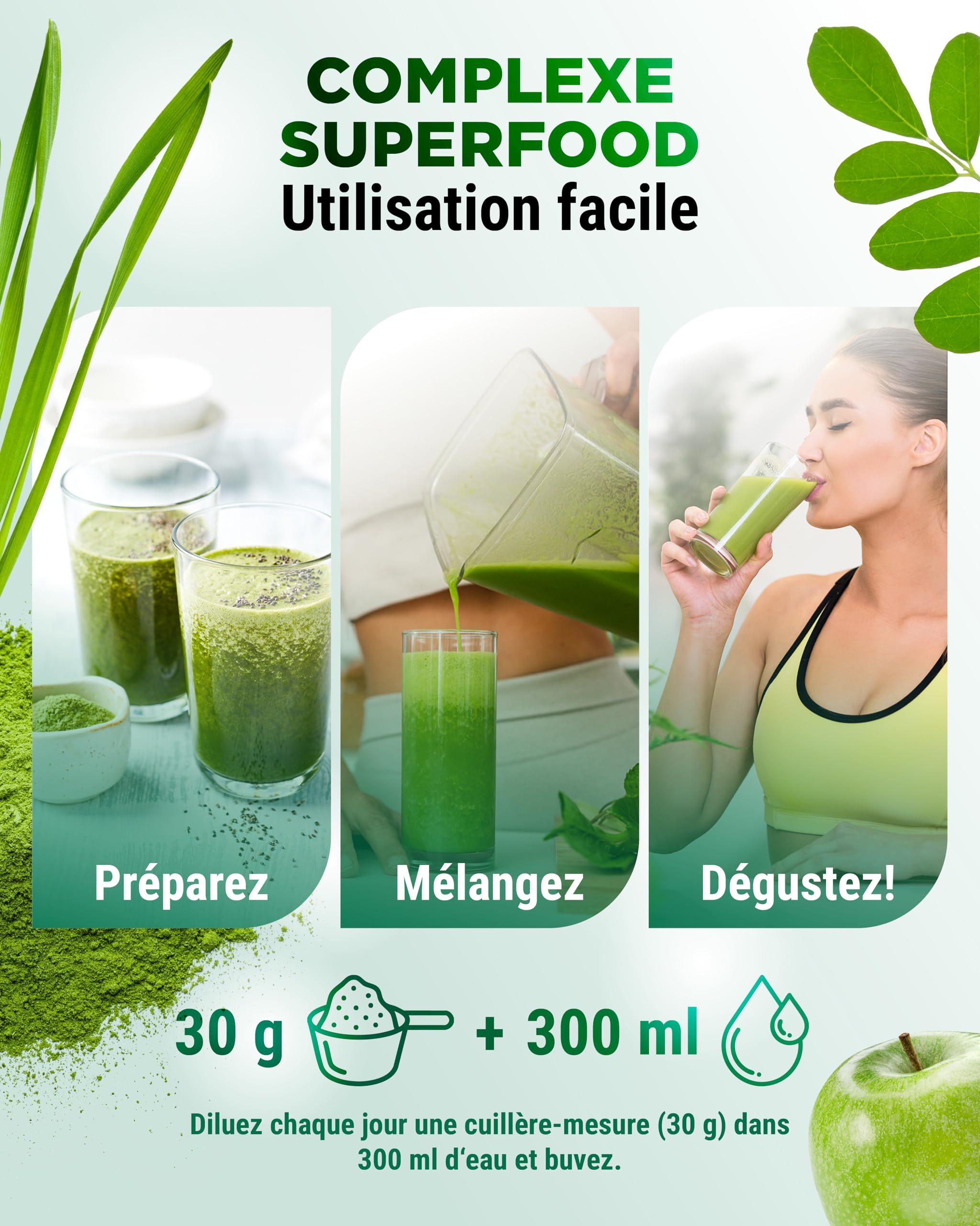 Daily Greens & Fiber Poudre - Combinaison de Fibres & Superfoods - Psyllium, Spiruline, Moringa, Herbe d'Orge, Inuline, Fibre de Pomme, Extrait de Curcuma, Fibre d'Accia, Lécithine (600g Pomme Verte)