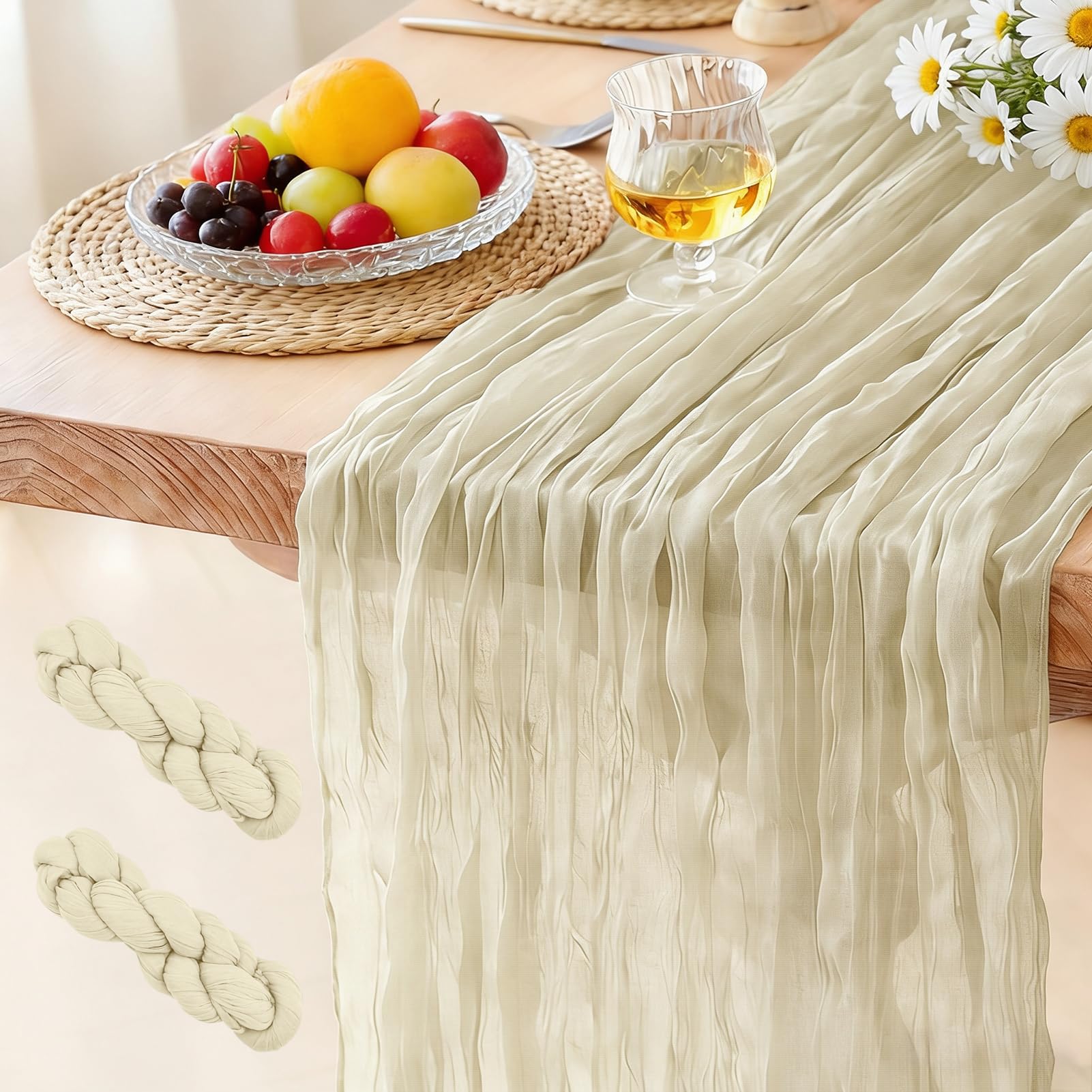 2 Pack Cheesecloth Table Runner Light Beige, 300 x 90 CM Bohemian-style Gauze Rustic Gauze Fabric Tablecloth for Wedding, Parties, Christmas and New Year's Eve Table Decoration — image 1