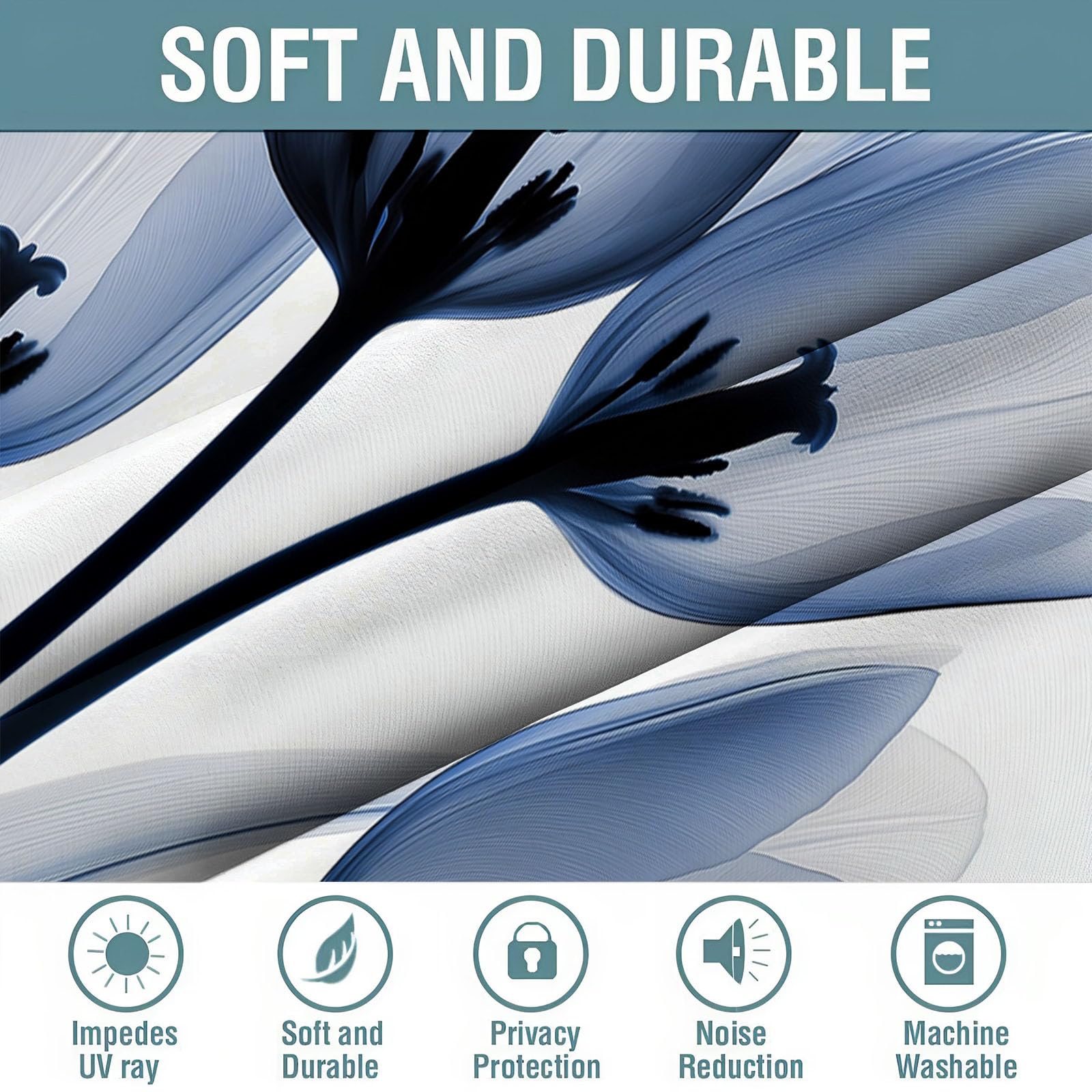 Rideaux Occultant Fleurs Élégantes, Rideau Occultant Tulipe Rideau Thermiques Isolants Anti Froid et Chaleur Bleu Gris Rideaux À Oeillets pour Chambre Cuisine Lot de 2, 117L X 137H cm