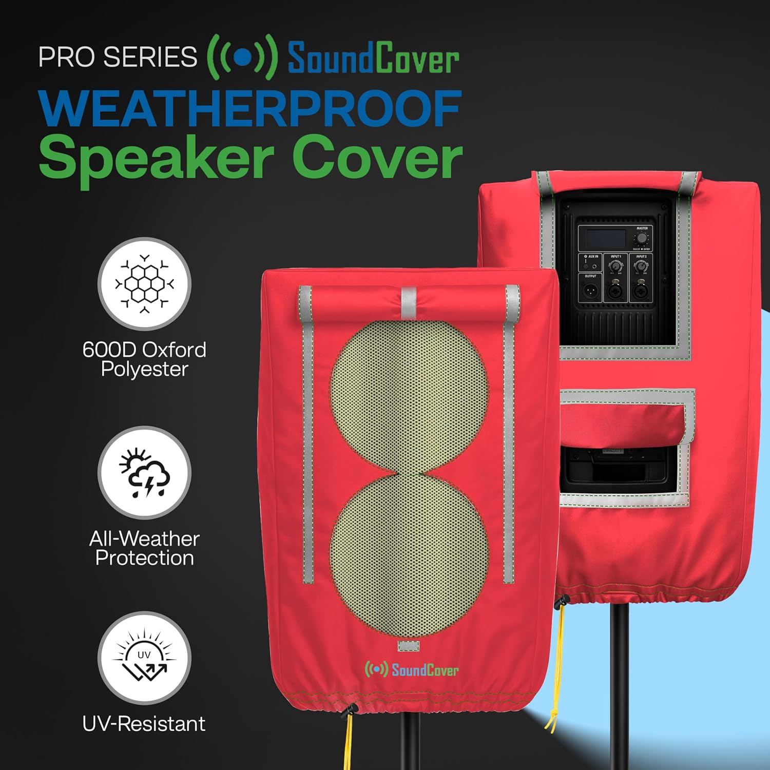 Professional Grade 600D Protective Cover for Stand Mounted 8" PA/DJ Powered Speaker with SoundFlap - Red - Includes a 420D Storage Bag and reinforced yellow Paracord 700 draw cord