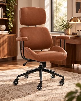 E-Motie Mid-Century Modern Desk Chair, Brown Ergonomic Leather Office Chair