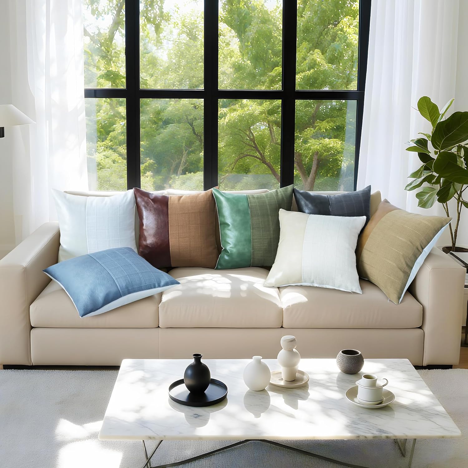 Set of 2 Faux Leather Patchwork Linen Plaid Pillow Cover 18x18 Inch, Beige Decorative Throw Pillow Covers Modern Farmhouse Boho Accent Cushion Cover for Couch Sofa Bed Living Room - Image 7