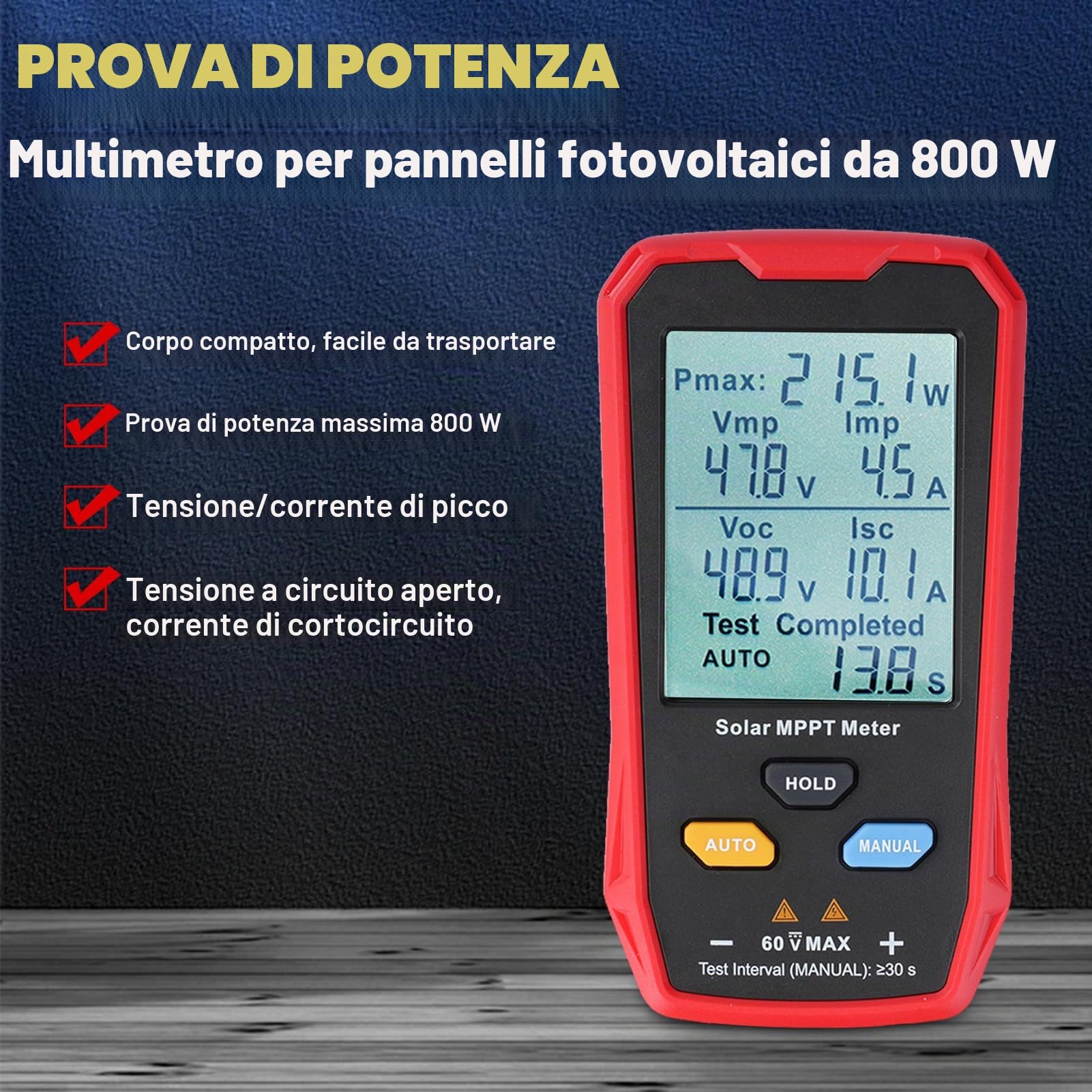 Tester per pannello solare 800W PV tester per pannelli solari mppt Misuratore PV fotovoltaico Misuratore di potenza con display LCD (Multimetro UT673PV 800W)