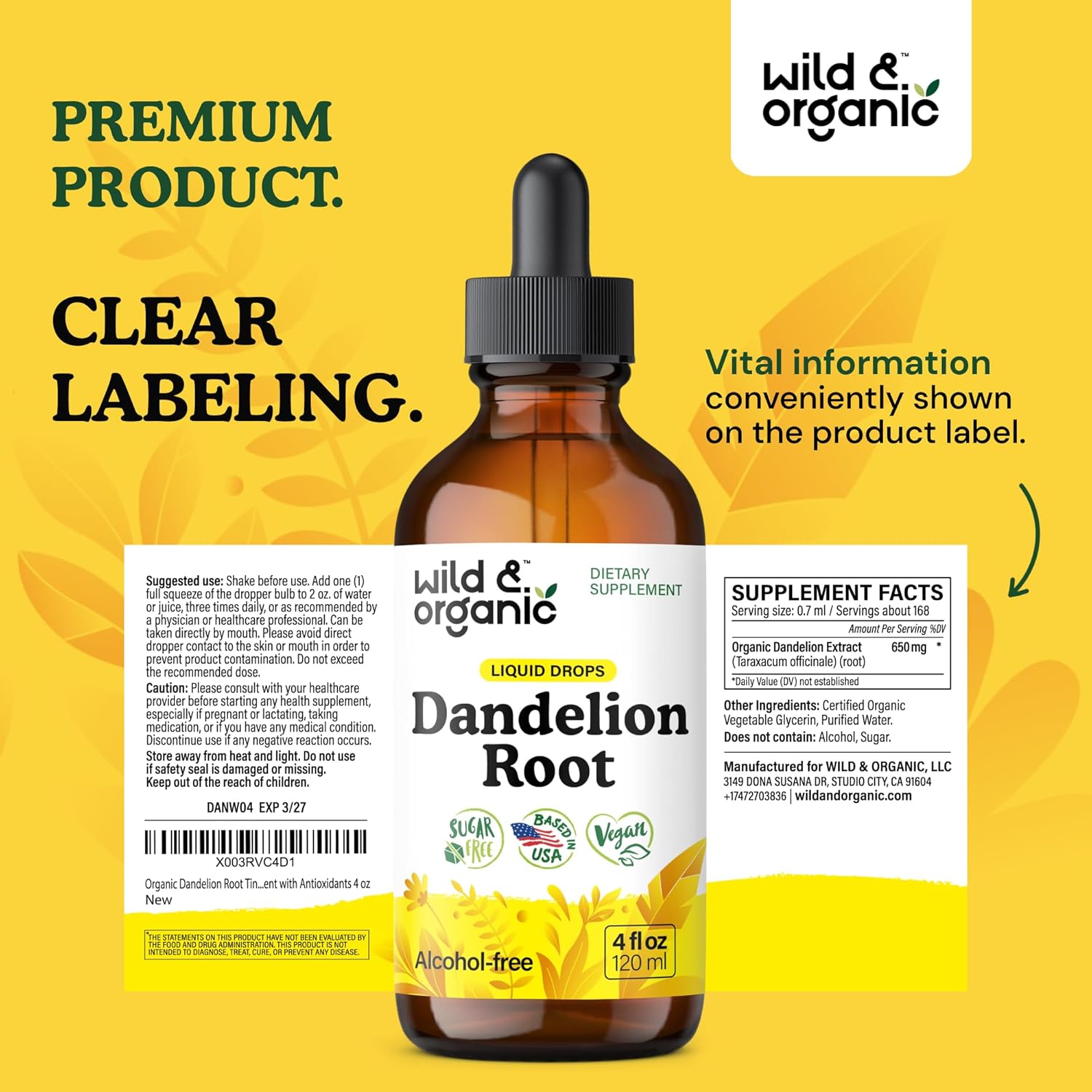Wild & Organic Dandelion Root Extract Drops - Liver Cleanse Detox - Herbal Dandelion Tincture - Liver Support Supplement - Vegan, Sugar & Alcohol-Free Liquid Drops - 4 fl oz - Image 9