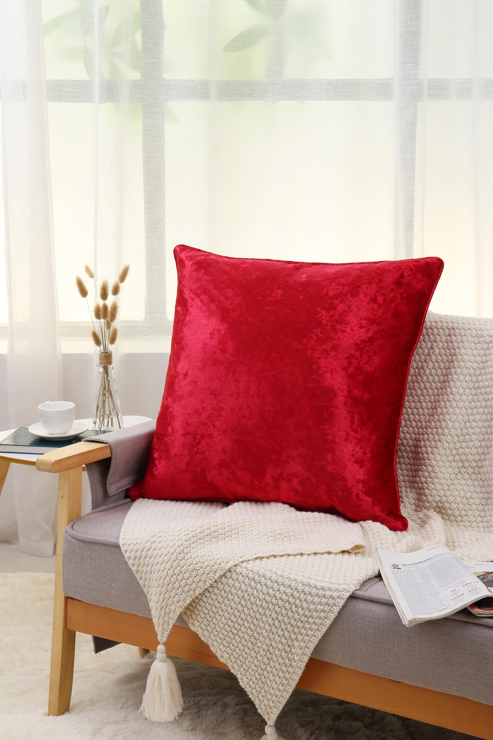 Plain Super Soft Crushed Velvet Filled Cushions for Sofa Bed Living Room Bedroom Home Couch Decorative Cushions Pillows Invisible Zipper with Removable Inner Pad (Red, 60x60cm)