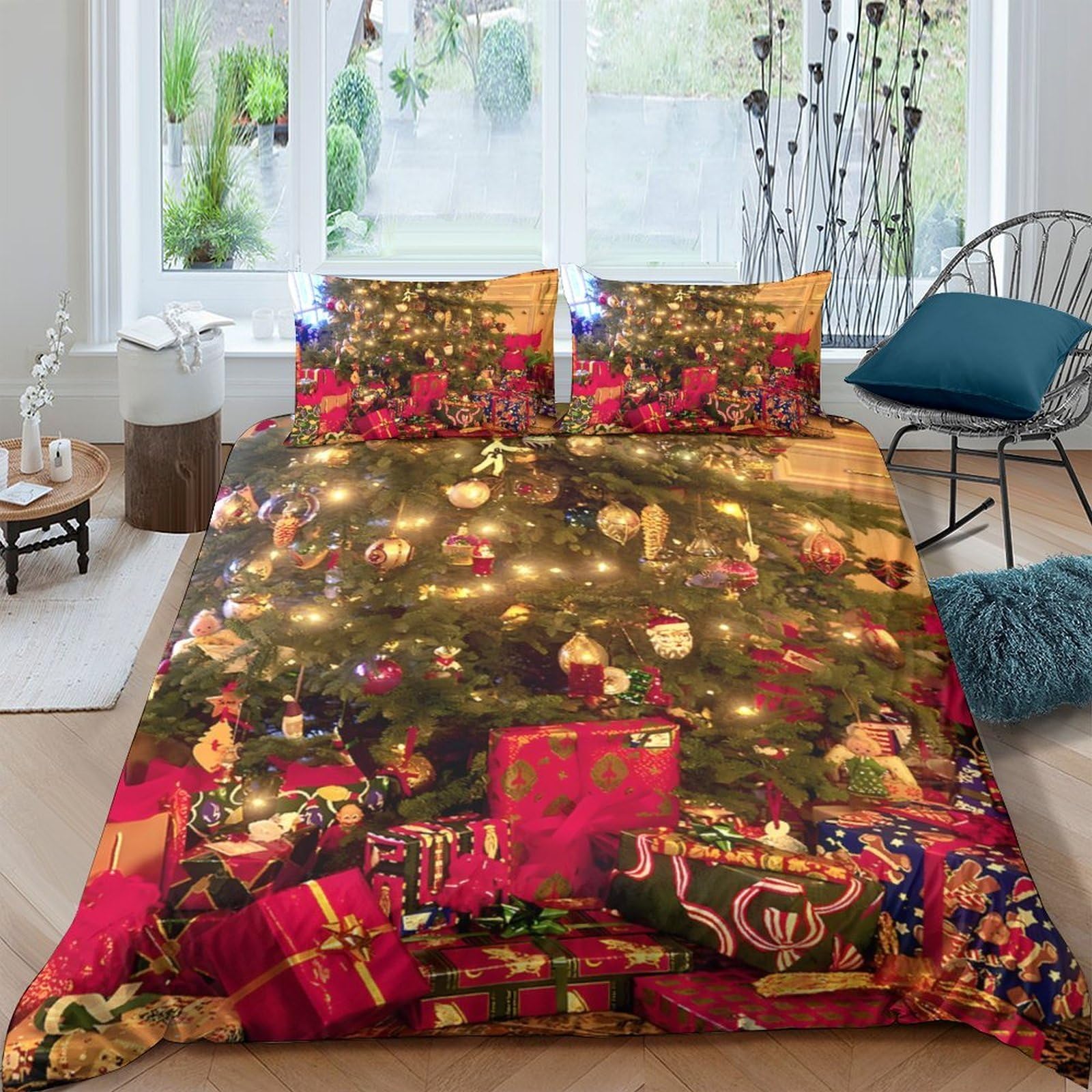 GPLZQXKJNH 3D Printed Christmas Tree Duvet Cover Microfiber Festive Gifts Quilt Cover with 2 Pillowcases for Bedroom Decor Single（135x200cm）