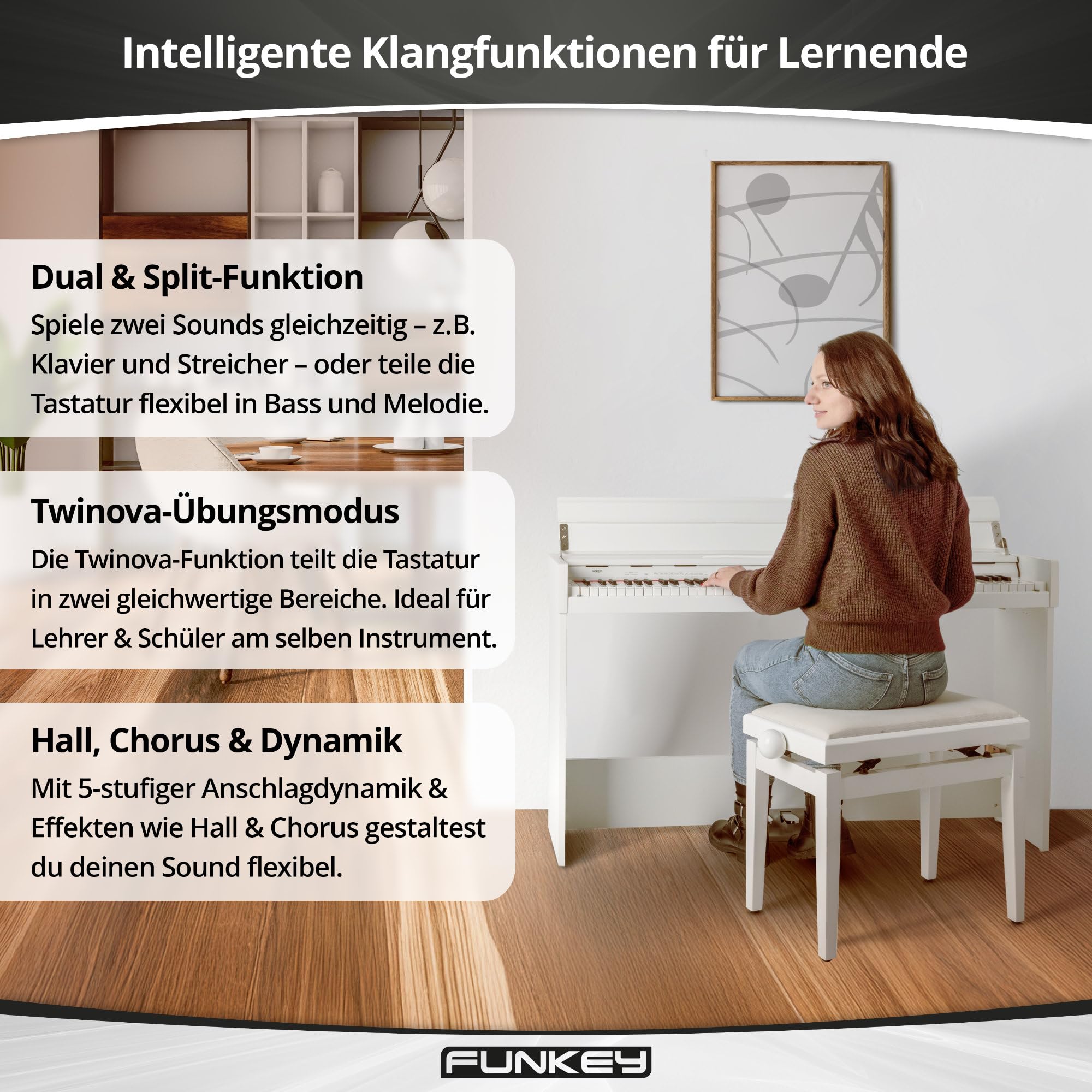 FunKey DP-1088 WM Pianoforte digitale sottile - 88 tasti sensibili alla velocità e 3 pedali - 20 suoni - Altoparlanti stereo integrati e 2 prese per cuffie - Finitura bianco opaca