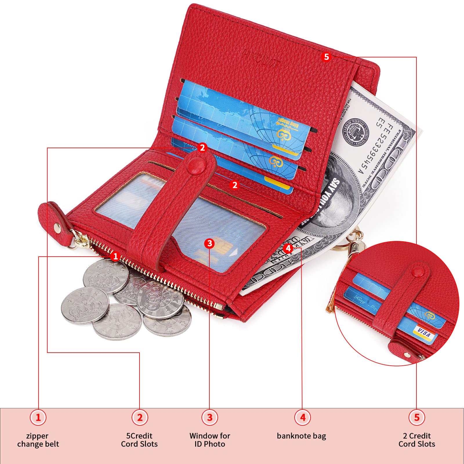 HKCLUF Portafoglio Piccolo da Donna, Porta Carte Blocco RFID Portamonete Pelle con Nappa Portafogli Cerniera Molti Scomparti(B08-Rosso)