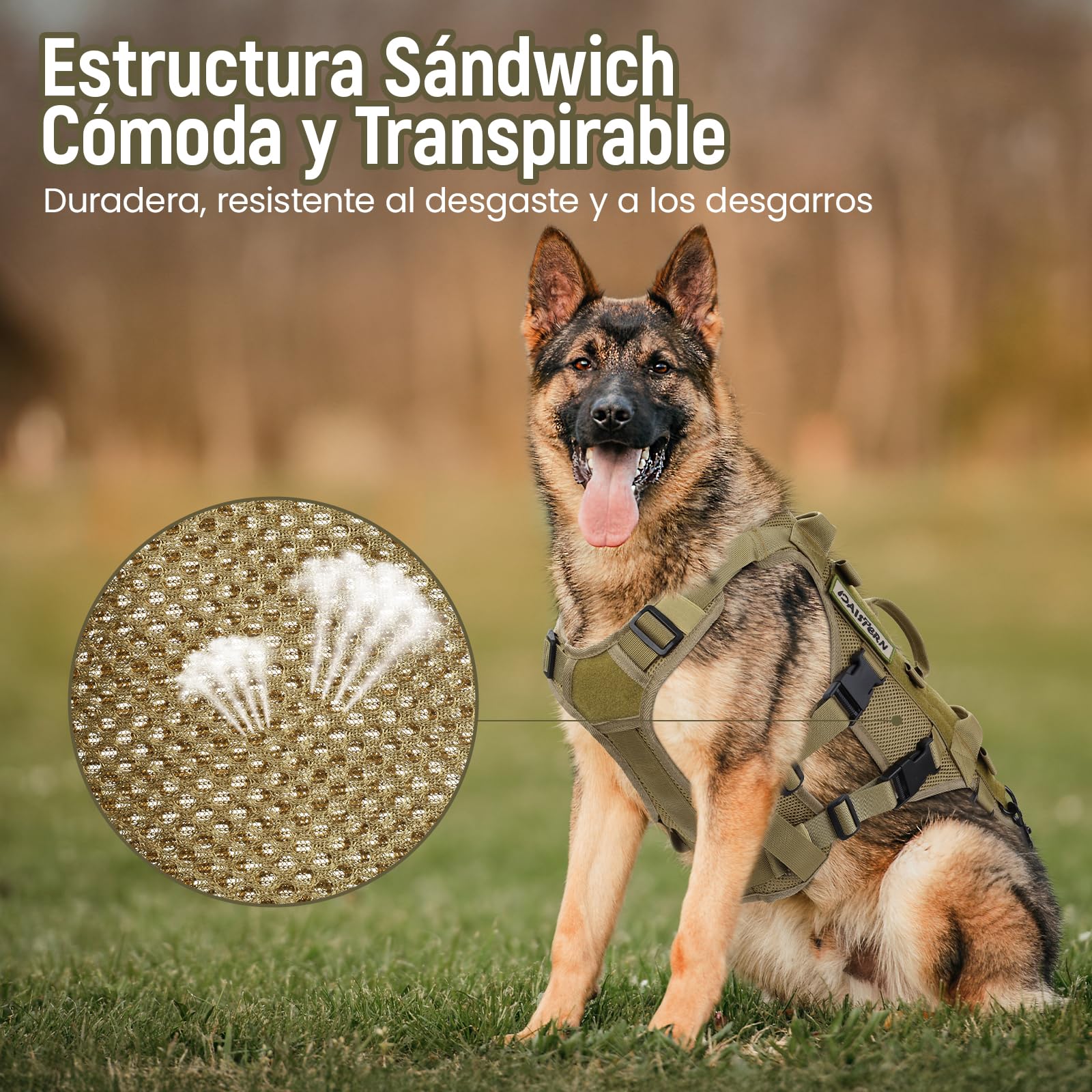 Arnés Perro Mediano y Grande Tamaño L, Chaleco Táctico para Perros con 1000D Nylon Malla de Sándwich Transpirable, 3 Asas y Correas de Hombro Ajustables Desmontables y Correas Traseras