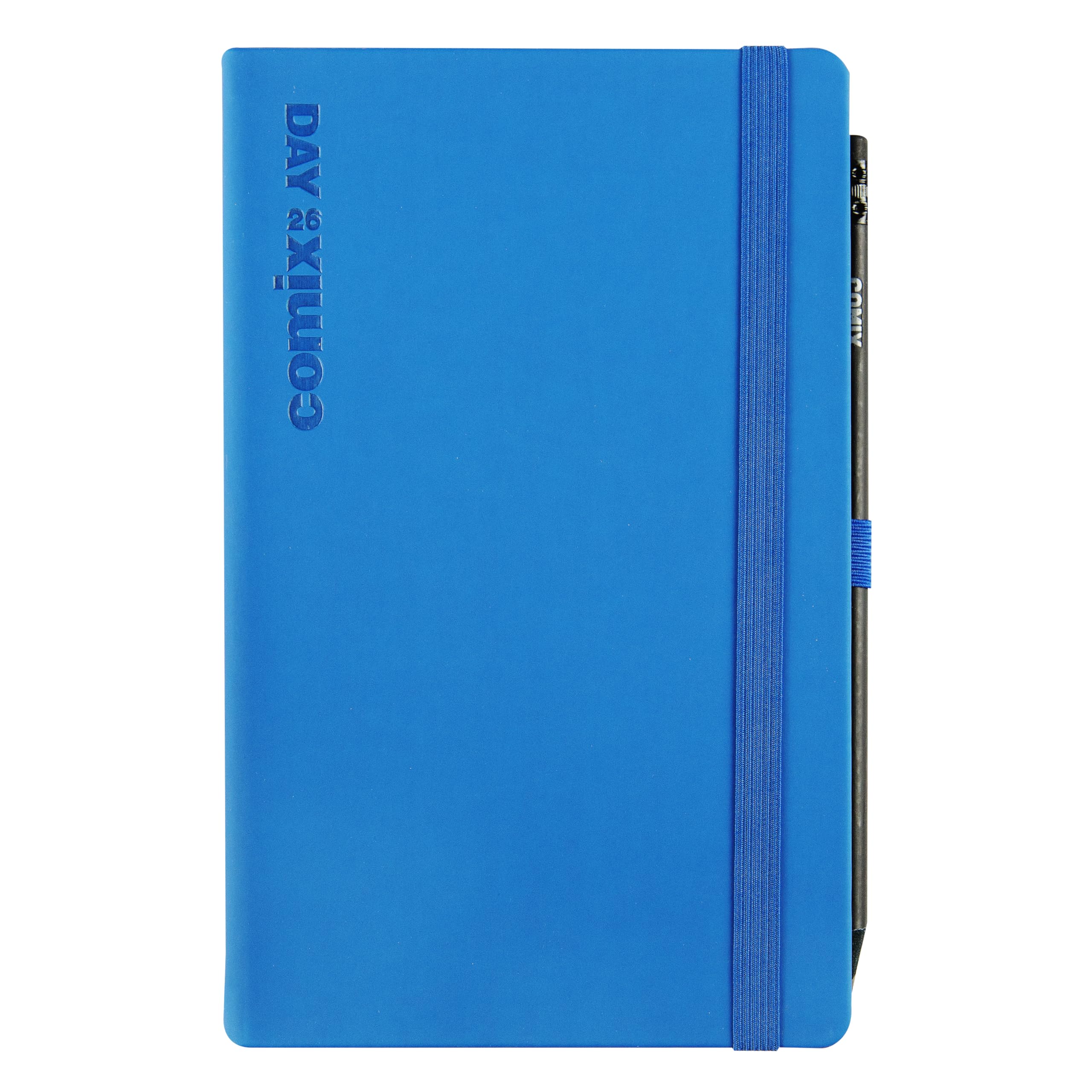 COMIX Large - 2026 12 Months, Daily Diary, with Elastic Loop for Pencil or Pen, Closure with Elastic Band and Bookmark, Comix Pencil Included, 13 x 21 h cm, Blue