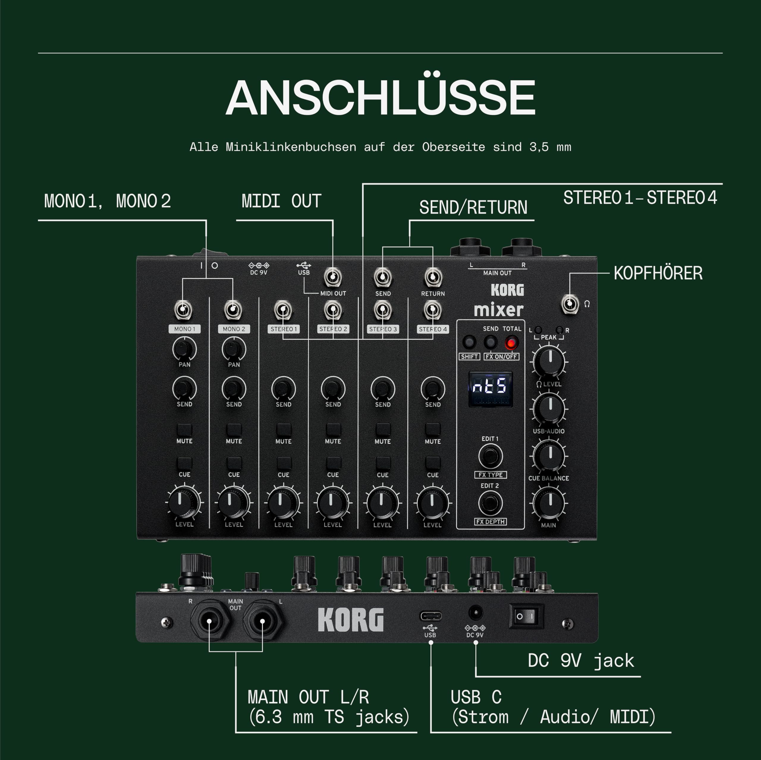 Korg Nu:Tekt NTS-4 Mixer – 6 Kanal Performance Audio-Mischpulte und Audio Interface Bausatz mit Effekten