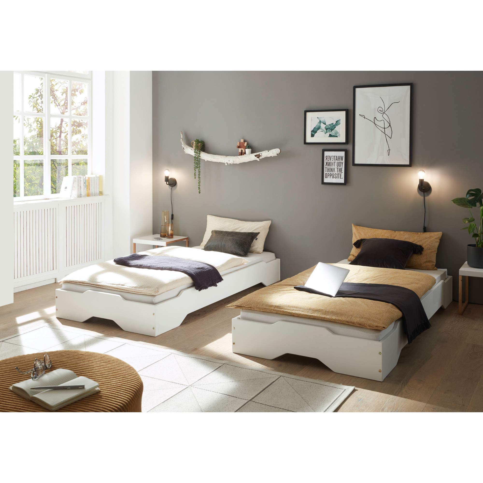 Stella Trading DOUBLE Stilvolles Doppelbett mit zwei Liegeflächen 90 x 200 cm - Komfortables Stapelbett aus massiver Kiefer, Weiß - 96 x 47 x 205 cm (B/H/T)