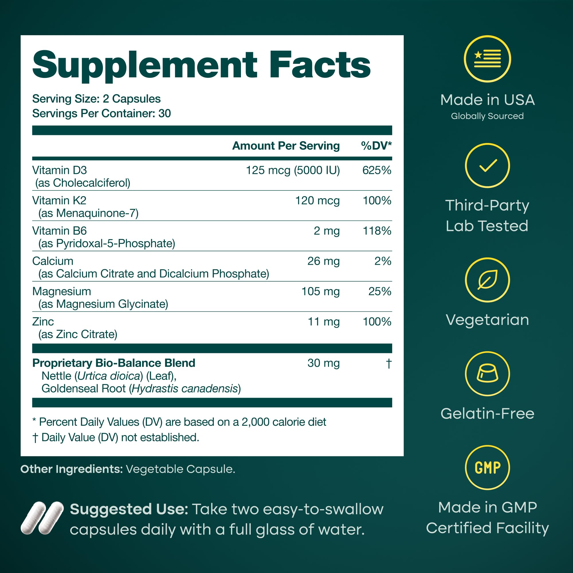 Vitamin D3 K2 5000 IU with Magnesium Glycinate & Zinc Citrate, 60 Capsules — Amazon image 4