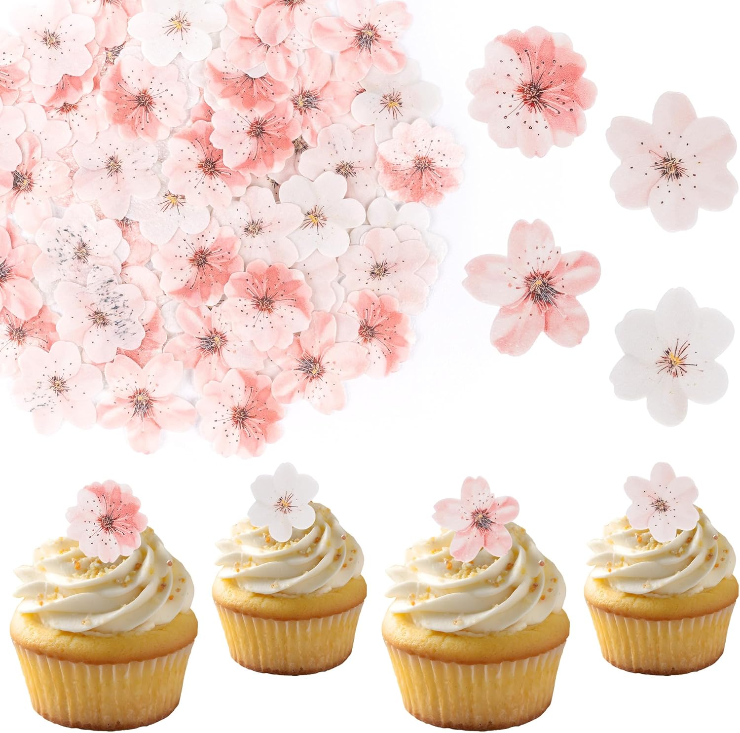 75 PCS Edible Flower Cake Topper Edible Cherry Blossoms Cupcake Toppers Wafer Paper Floral for Wedding Cake Birthday Party Food Decoration Cupcake Picks for Birthday Supplies