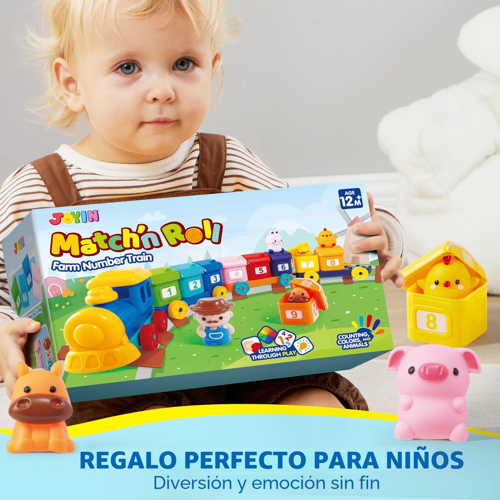 Play-Act Montessori Tren de Granja para Contar, Combinar y Clasificar, Incluye 9 Animales Granja y 1 Granjero, Aprendizaje para Niños 1-3 Años