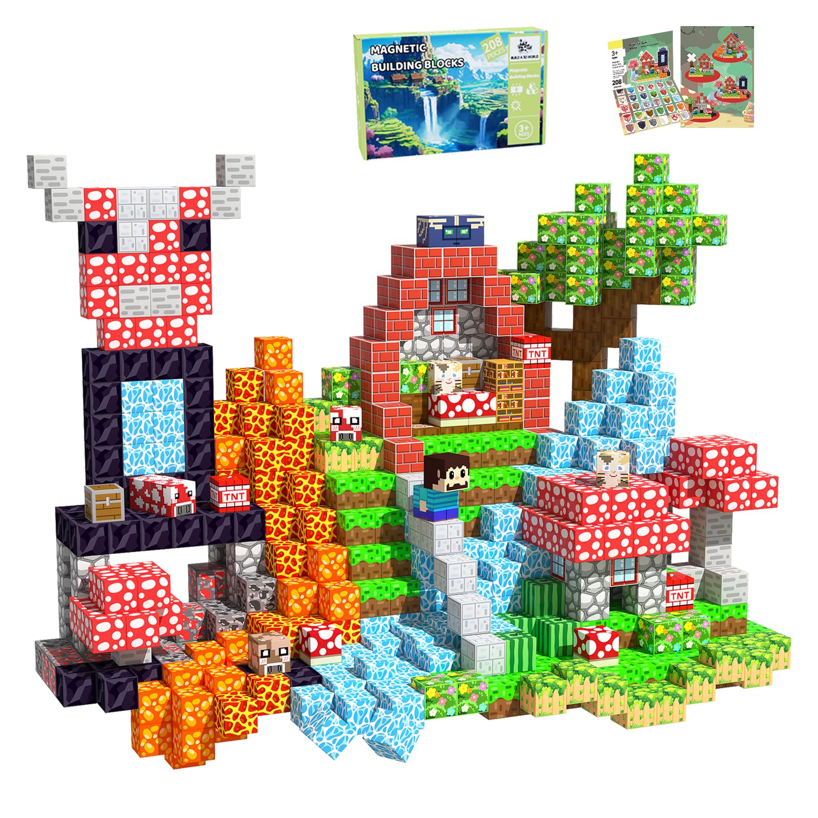 SSAWER Magnetic Blocks, 208PCS Magnetic Building Blocks, Stacking Magnets for Kids, Sensory Toy for STEM Constructions Magnet Blocks for Boys Girls Age 3+, Christmas Birthday Gifts (Mushroom House)