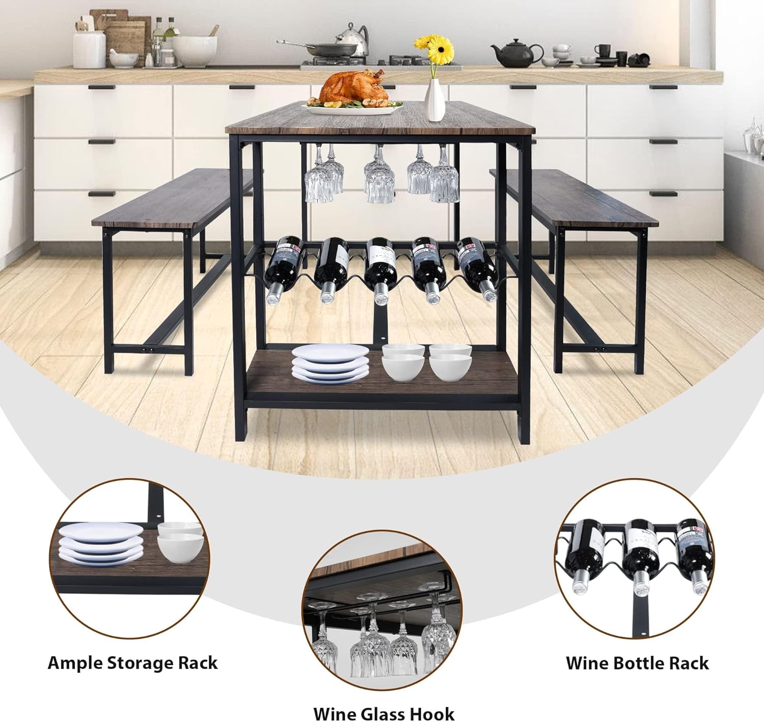 LUCKYERMORE 3-Piece Dining Table Set for 4, 55" Rustic Kitchen Table with 2 Benches, Pub Dining Table with Wine Rack, Glass Holder, for Small Space, Kitchen, Restaurant, Bar, Apartment, Dining Room
