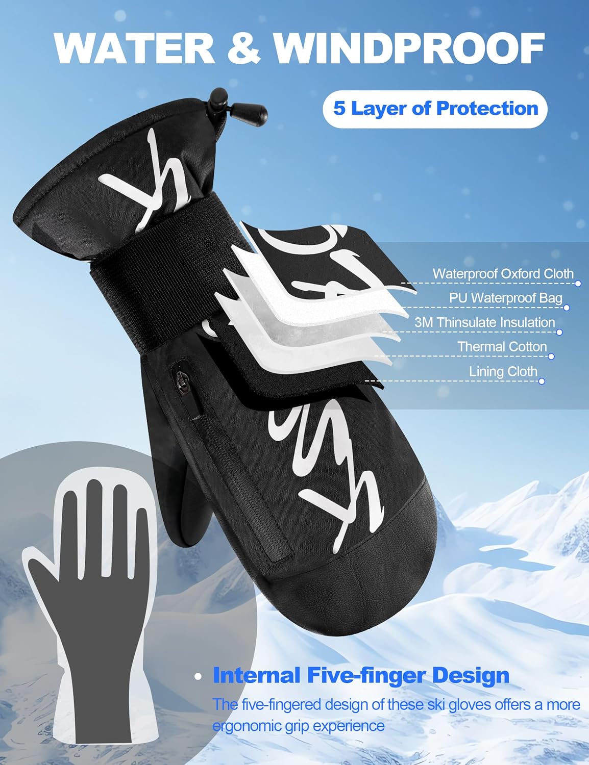 KUTOOK Winter Ski Mittens Men & Women Touchscreen Snow Mitts 3M Thinsulate Cold Weather Waterproof Gloves for Snowboarding Skiing Mountaineering