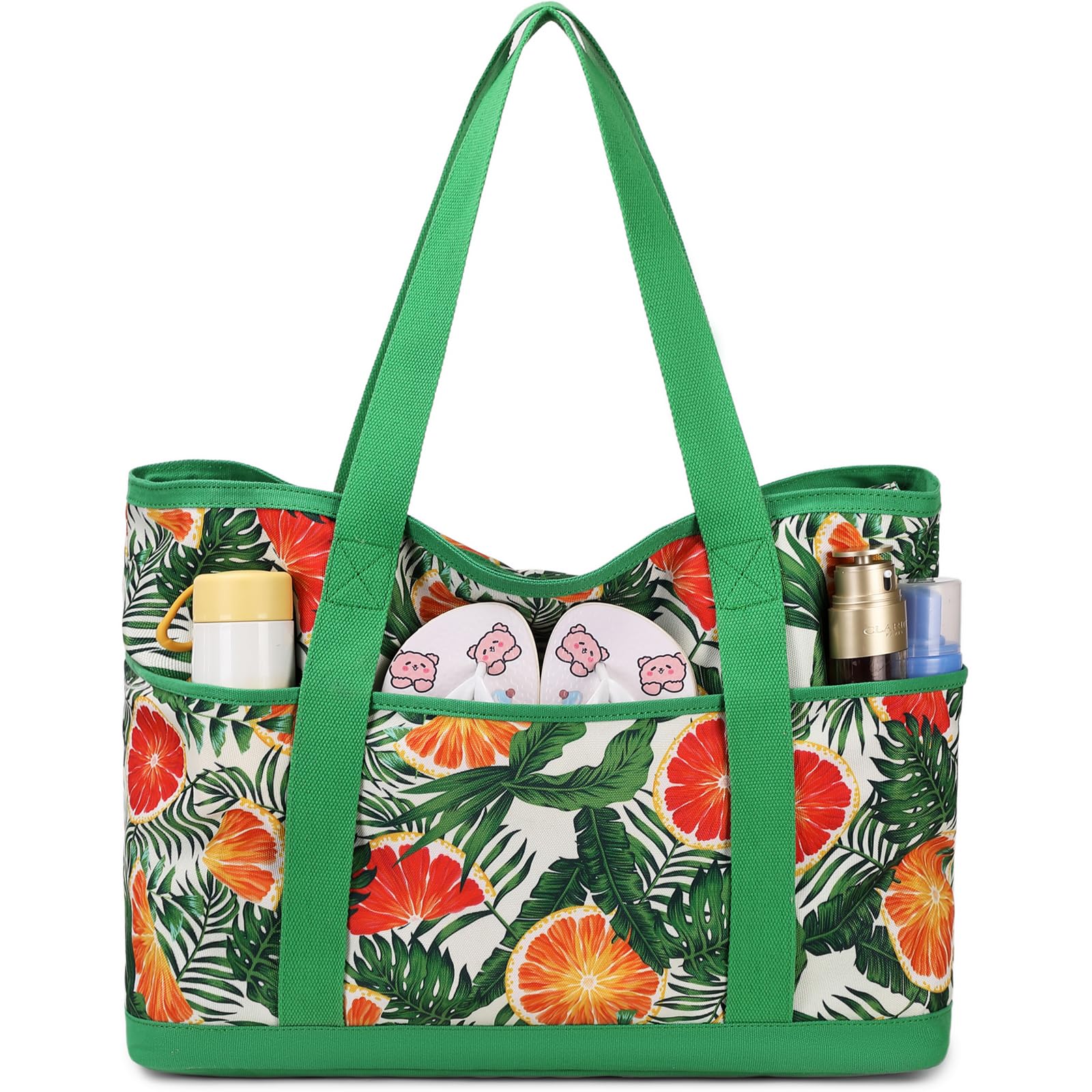 JANSBEN Bolsa de playa XXL familiar para mujer, grande, con cremallera, bolsa de playa de lona, bolso de la compra, para playa, viajes, compras, verde orange