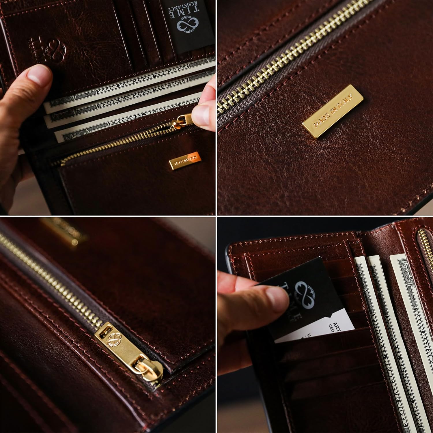 Time Resistance Long Leather Wallet - Bifold Mens Suit Leather Wallet - Checkbook Wallet - Tall Billfold Card Wallet - Slim Wallet Made in Italy (Brown) - Image 5