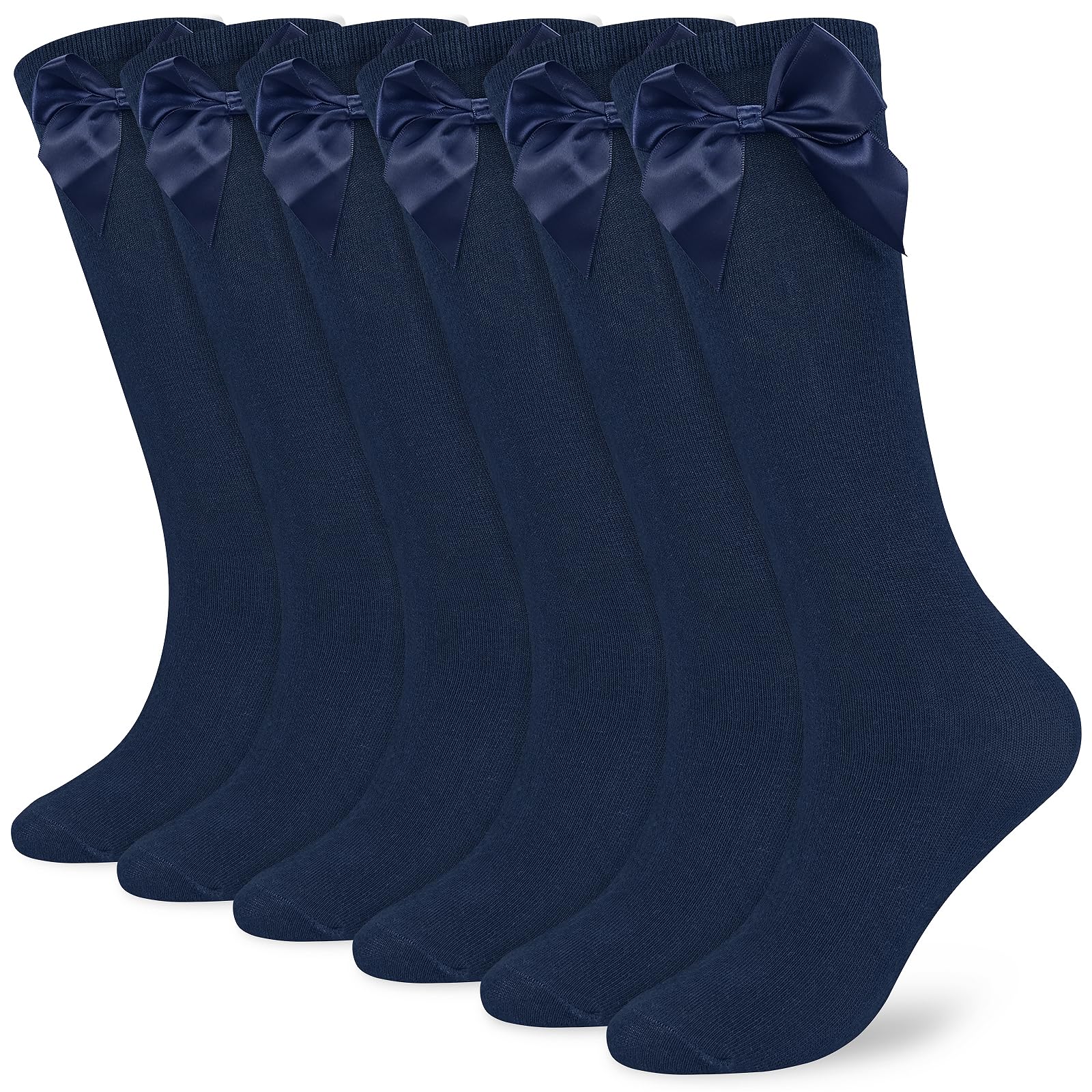 3 pares de calcetines hasta la rodilla para niñas con lazo de cintas esponjosas, calcetines largos de rodilla para la escuela secundaria