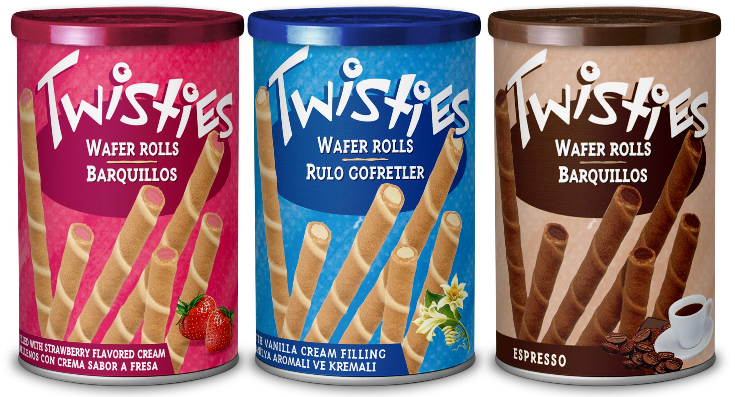 3x 400g Wafer Rolls Selection - VANILLA, ESPRESSO & STRAWBERRY cream filled wafer rolls