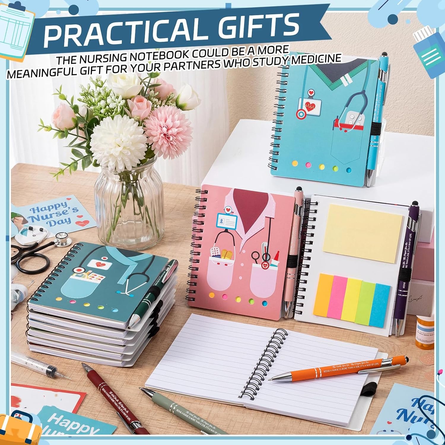 Colarr 10 Sets Nurse Week Appreciation Gift Bulk Employee Inspirational Spiral Notebooks with Sticky Note Notepad Ballpoint Pen Thank You Gifts Team Medical Motivational Journal for Staff(Stylish)